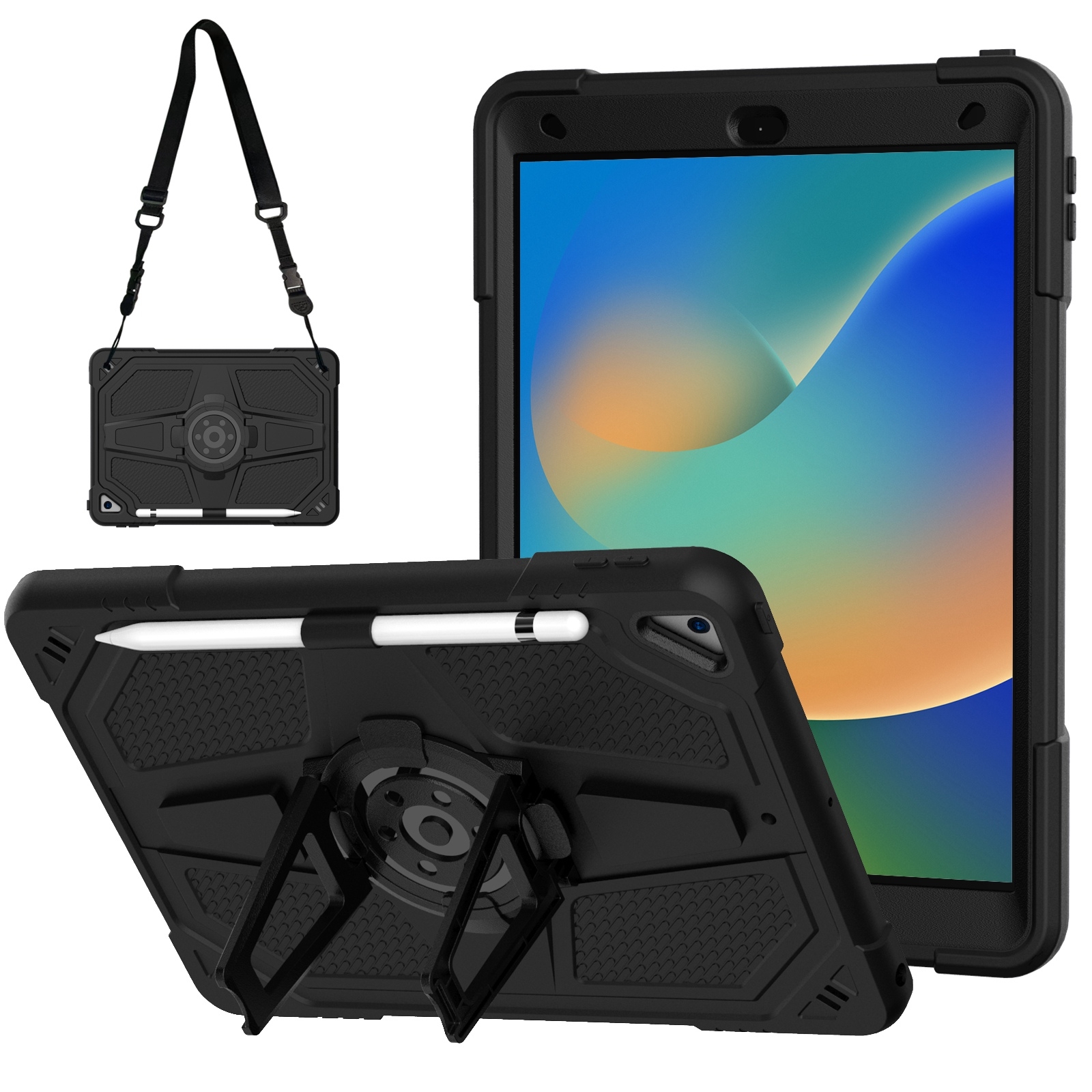 For iPad 10.2 2021 / 2020 / 2019 Punk Stand PC Hybrid Silicone Tablet Case with Shoulder Strap(Black) - Shopkiz.com