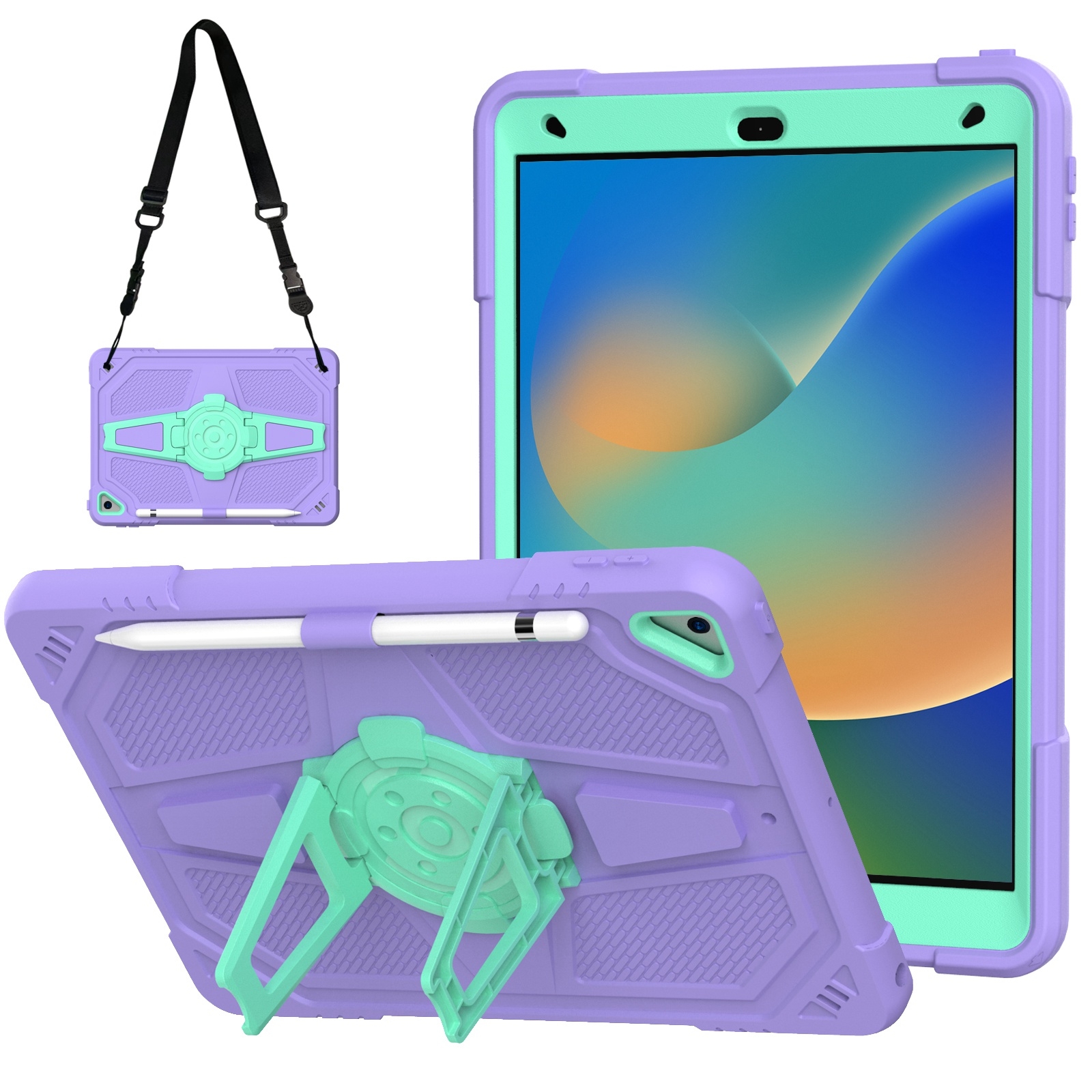 For iPad 10.2 2021 / 2020 / 2019 Punk Stand PC Hybrid Silicone Tablet Case with Shoulder Strap(Purple Teal) - Shopkiz.com