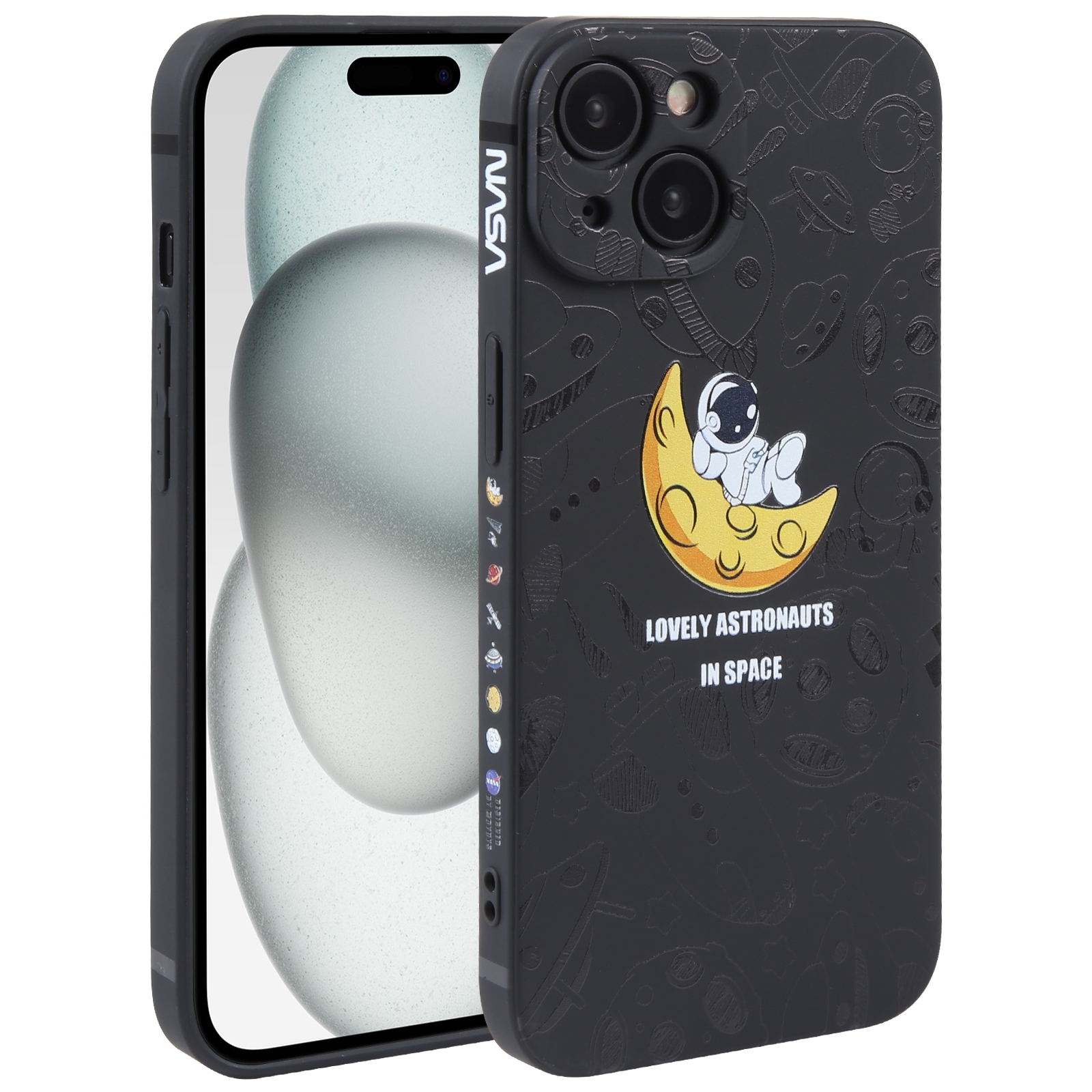 For iPhone 15 Plus Astronaut Pattern Silicone Straight Edge Phone Case(Lovely Astronaut-Black) - Shopkiz.com