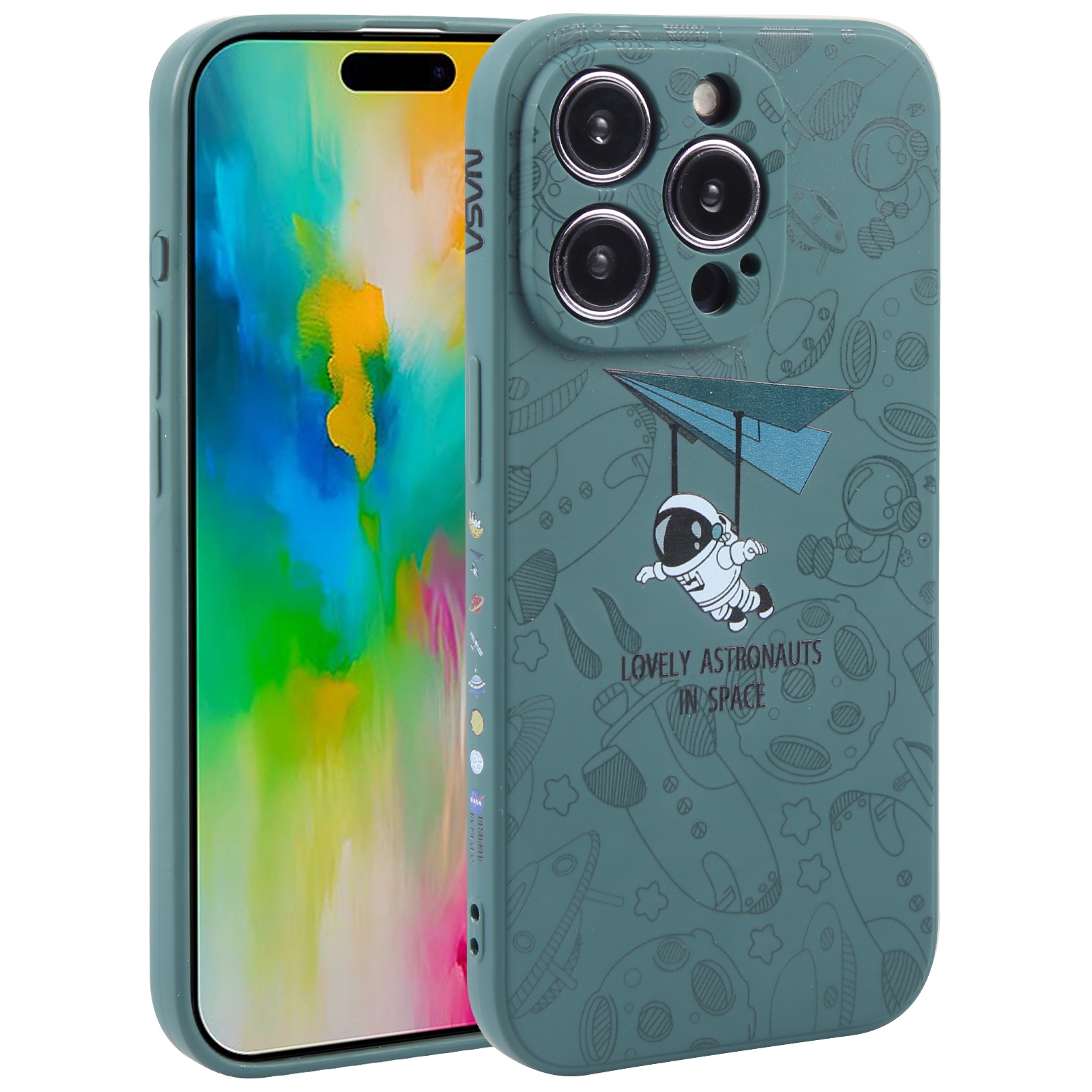 For iPhone 16 Pro Astronaut Pattern Silicone Straight Edge Phone Case(Lovely Astronaut-Green) - Shopkiz.com