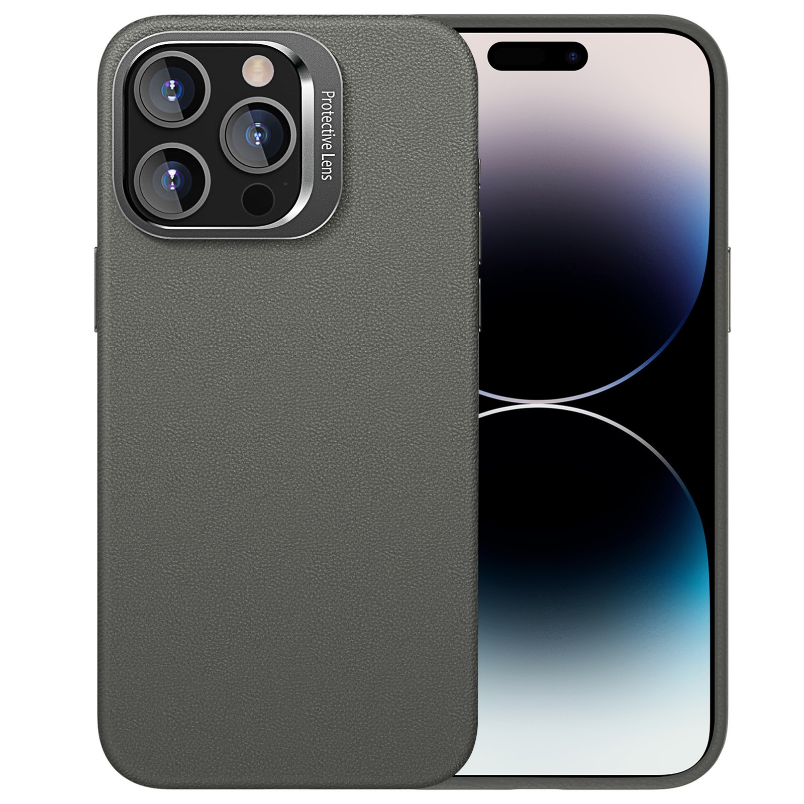 For iPhone 14 Pro Max PC Hybrid TPU Holder Plain Leather Phone Case(Grey) - Shopkiz.com