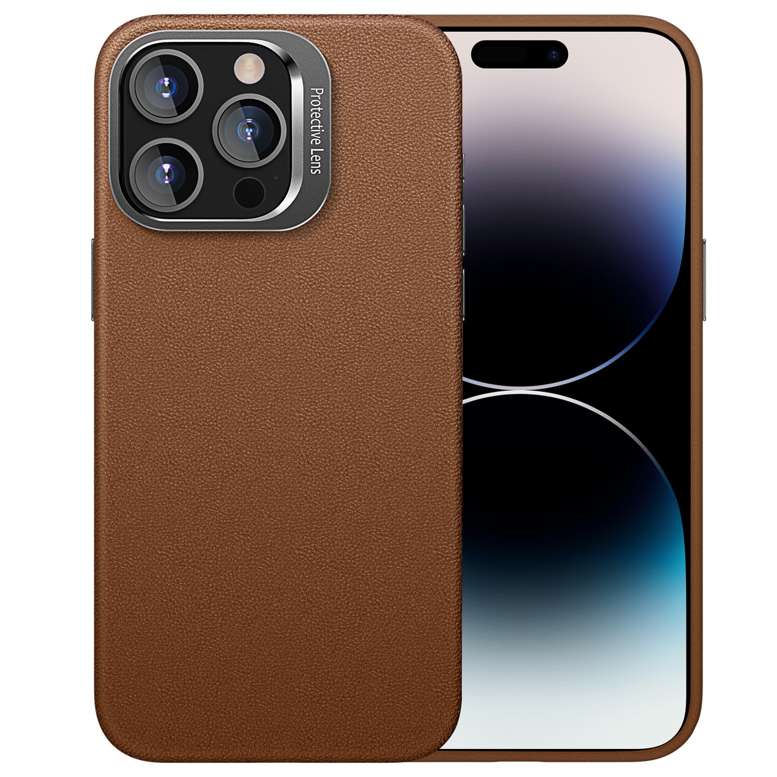 For iPhone 14 Pro Max PC Hybrid TPU Holder Plain Leather Phone Case(Brown) - Shopkiz.com