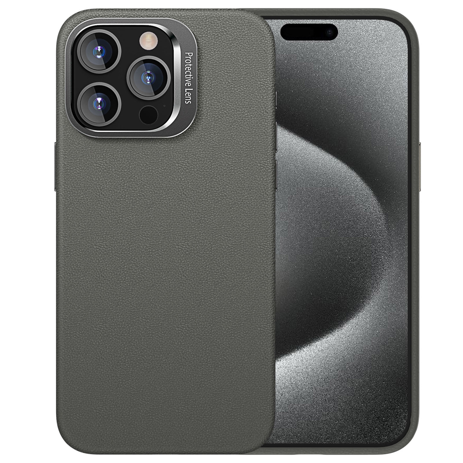 For iPhone 15 Pro Max PC Hybrid TPU Holder Plain Leather Phone Case(Grey) - Shopkiz.com