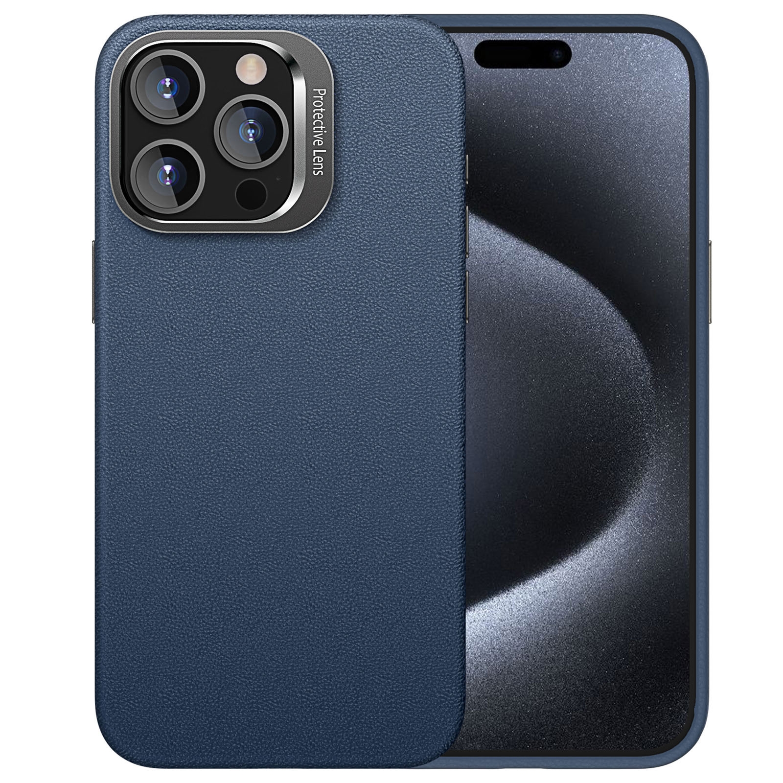 For iPhone 15 Pro Max PC Hybrid TPU Holder Plain Leather Phone Case(Blue) - Shopkiz.com