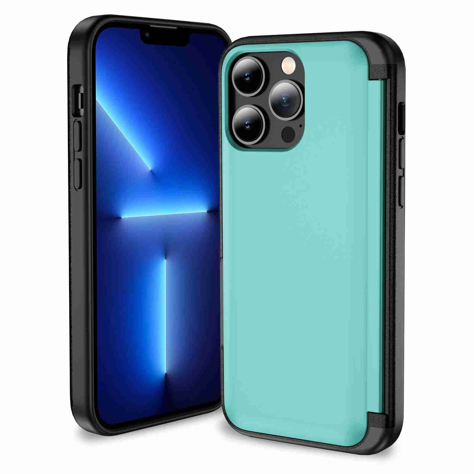 For iPhone 13 Pro 3 in 1 Flip Holder Phone Case(Cyan) - Shopkiz.com