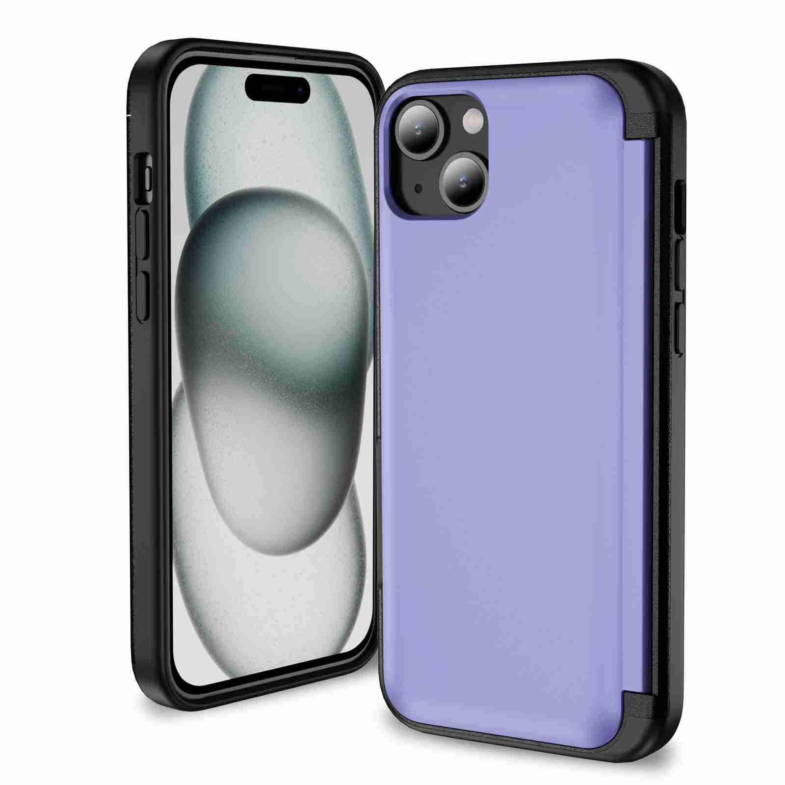 For iPhone 15 Plus 3 in 1 Flip Holder Phone Case(Light Purple) - Shopkiz.com