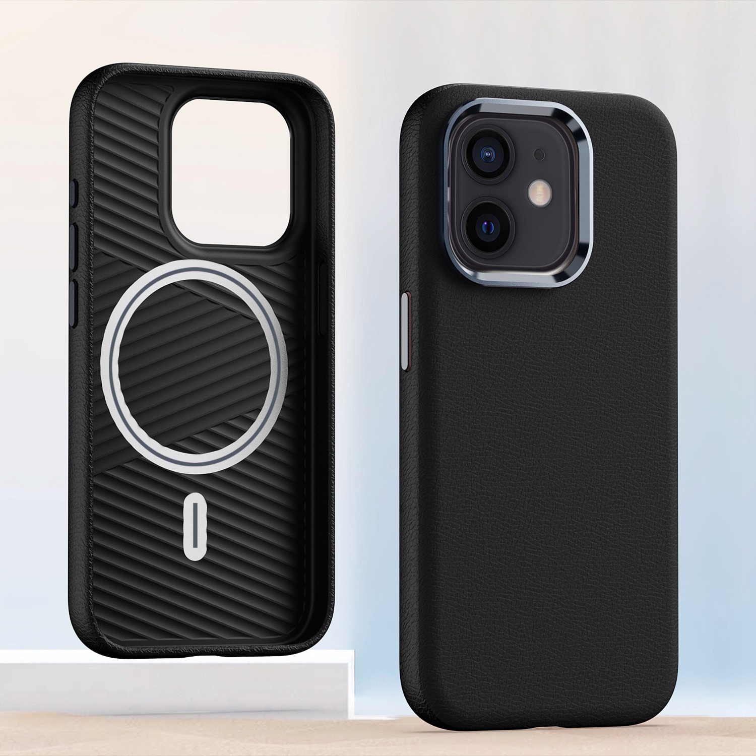 For iPhone 12 Metal Lens Frame Leather Magsafe Full Coverage Shockproof Phone Case(Black) - Shopkiz.com