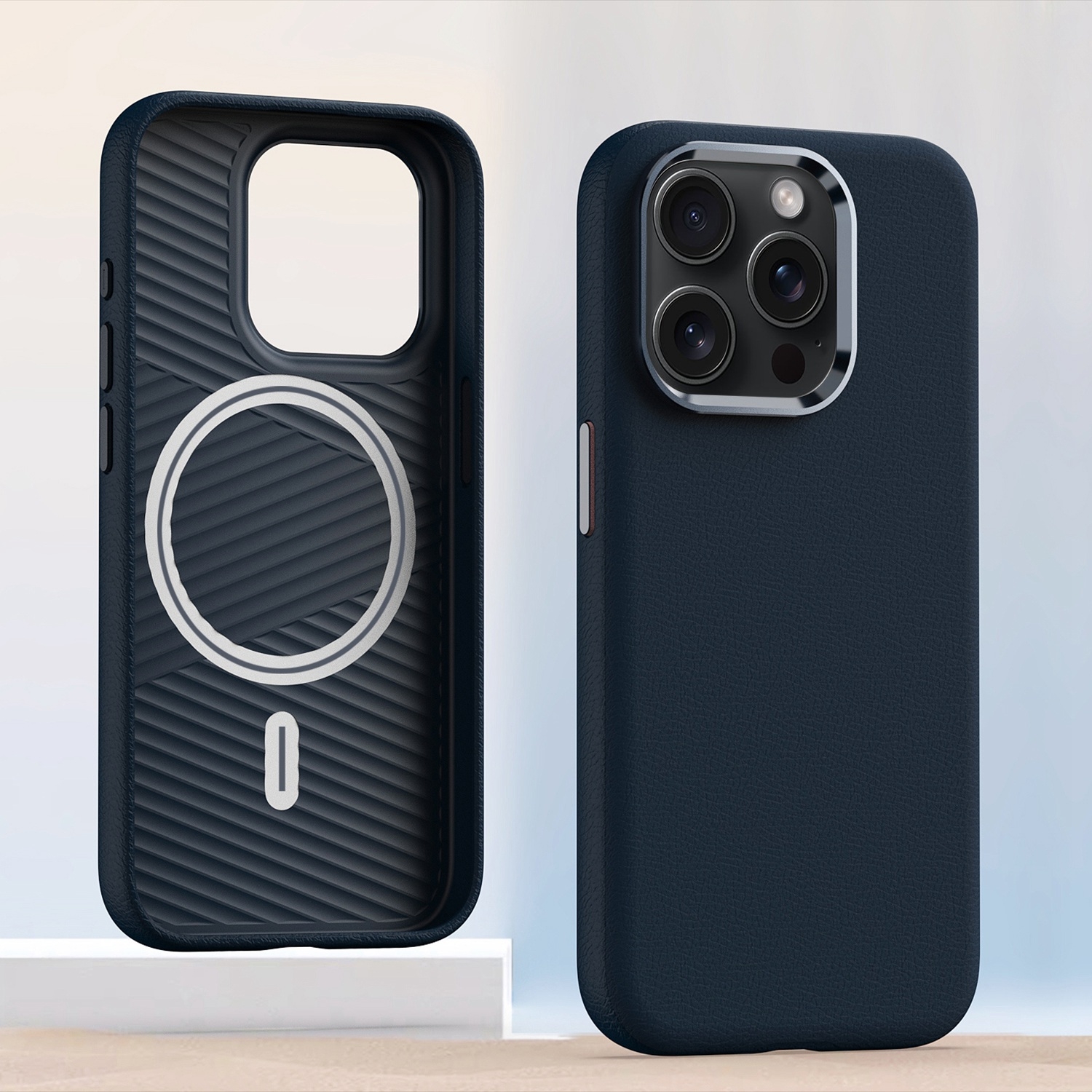 For iPhone 15 Pro Metal Lens Frame Leather Magsafe Full Coverage Shockproof Phone Case(Blue) - Shopkiz.com