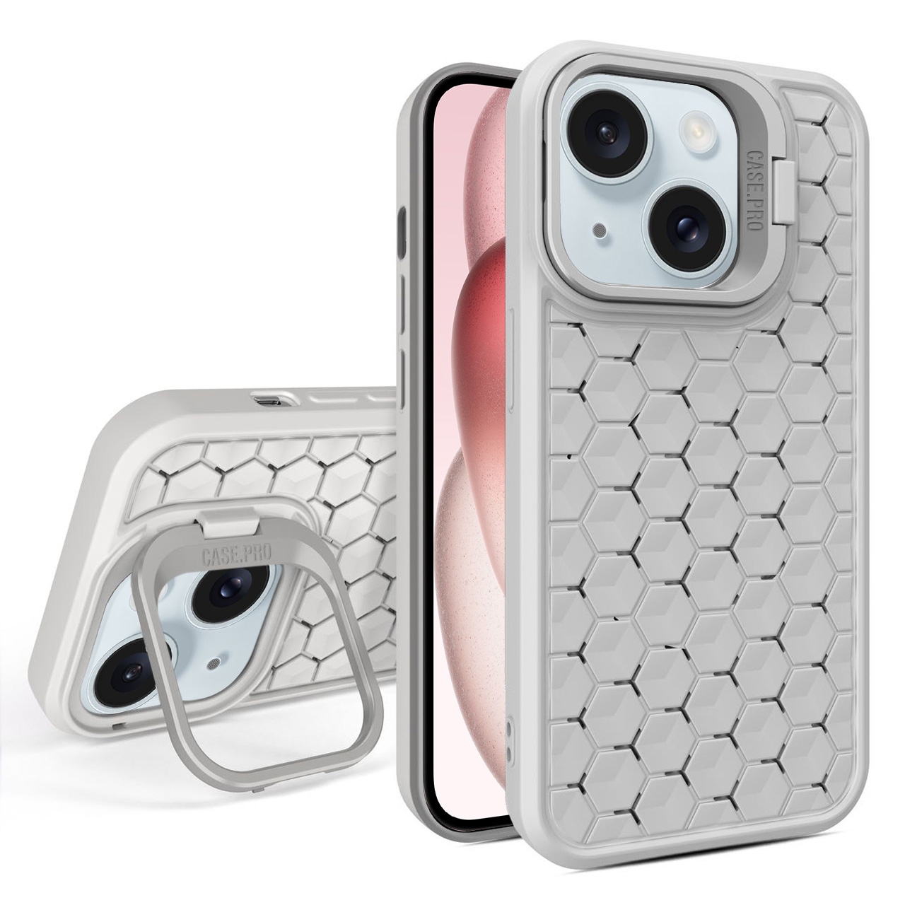 For iPhone 15 Honeycomb Radiating Lens Holder Magsafe Phone Case(Grey) - Shopkiz.com