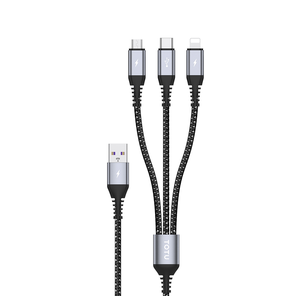 TOTU CB-5-3 3 in 1 17.5W USB to 8 Pin+Micro USB+USB-C/Type-C Multifunctional Data Cable, Length: 1.2m(Grey) - Shopkiz.com