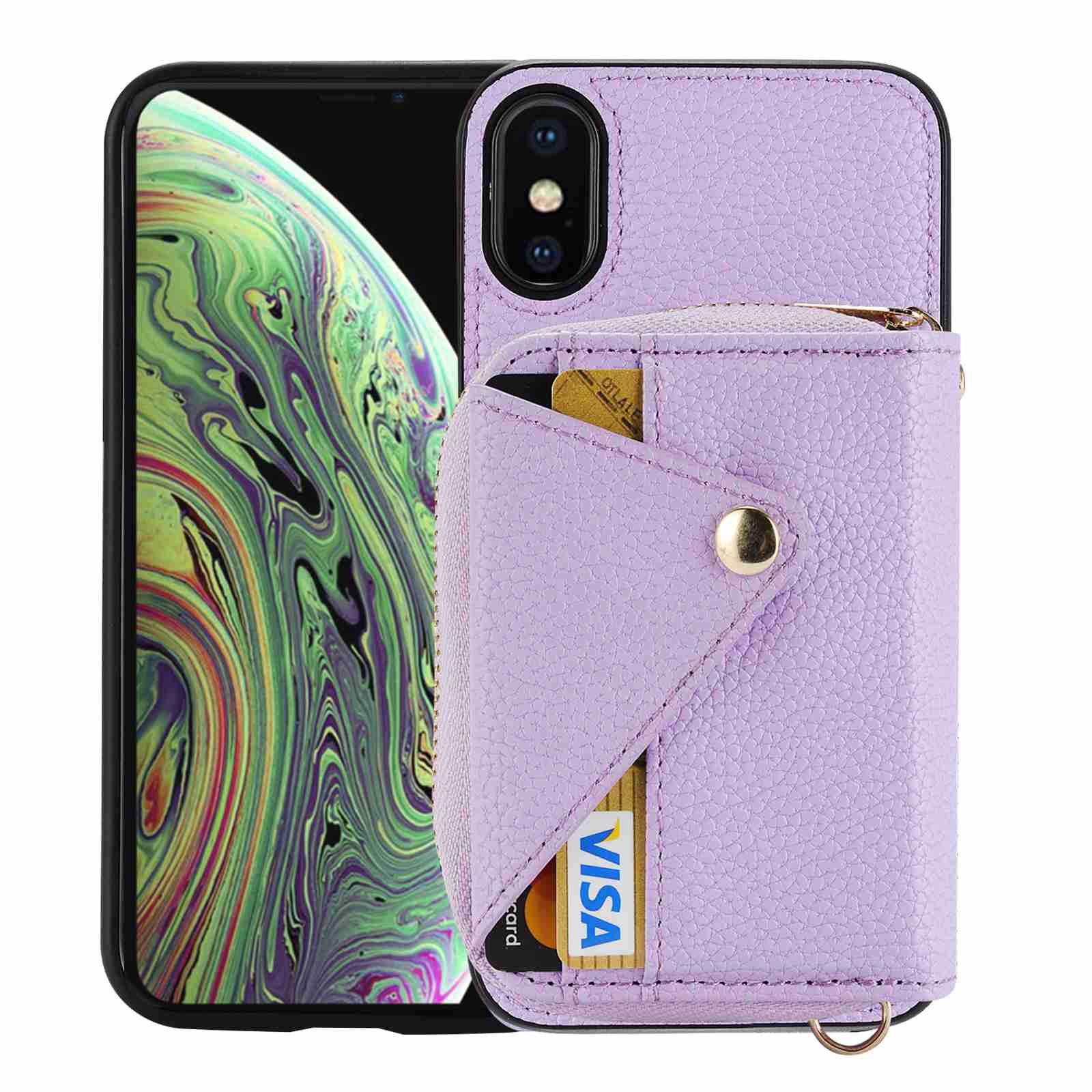 For iPhone XS / X Crossbody Zipper Card Bag RFID Anti-theft Phone Case(Purple) - Shopkiz.com