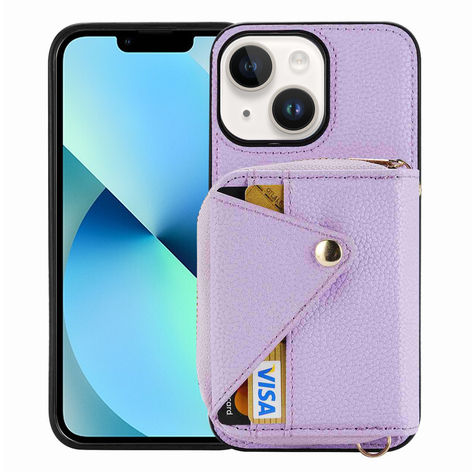 For iPhone 13 Crossbody Zipper Card Bag RFID Anti-theft Phone Case(Purple) - Shopkiz.com