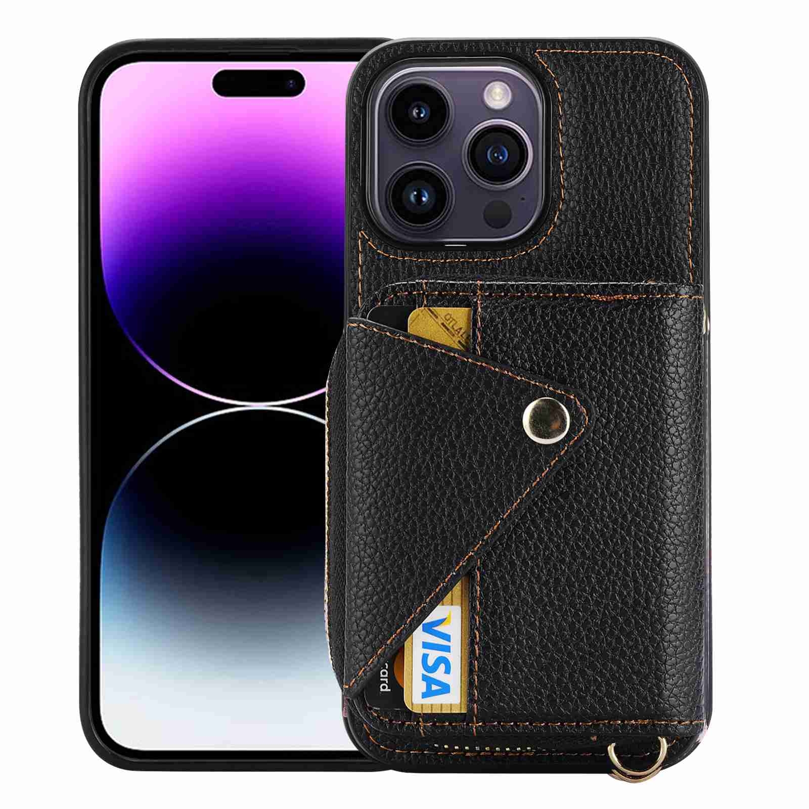 For iPhone 14 Pro Crossbody Zipper Card Bag RFID Anti-theft Phone Case(Black) - Shopkiz.com