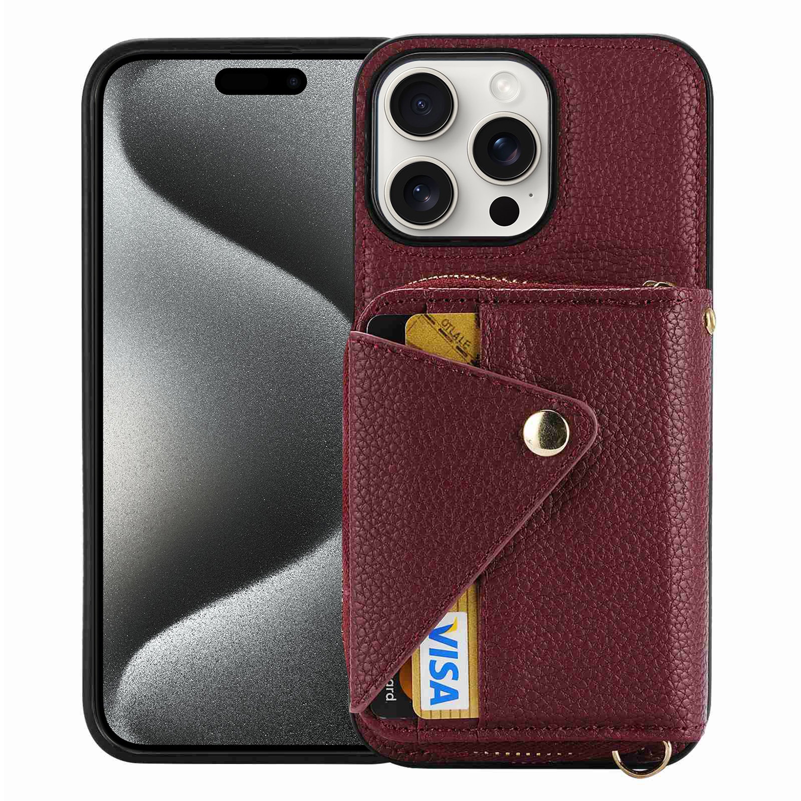 For iPhone 15 Pro Max Crossbody Zipper Card Bag RFID Anti-theft Phone Case(Wine Red) - Shopkiz.com