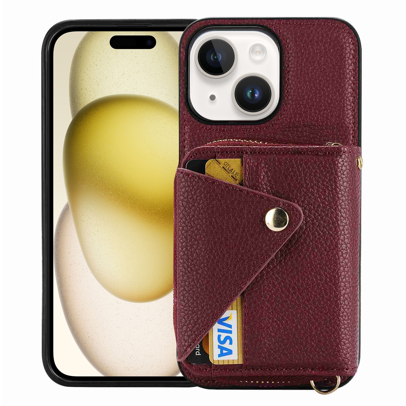 For iPhone 15 Crossbody Zipper Card Bag RFID Anti-theft Phone Case(Wine Red) - Shopkiz.com