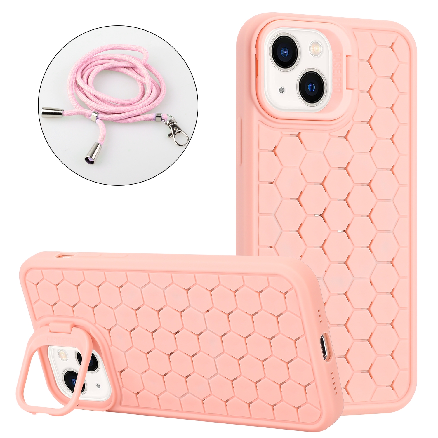 For iPhone 15 Honeycomb Radiating Lens Holder Magsafe Phone Case with Lanyard(Pink) - Shopkiz.com