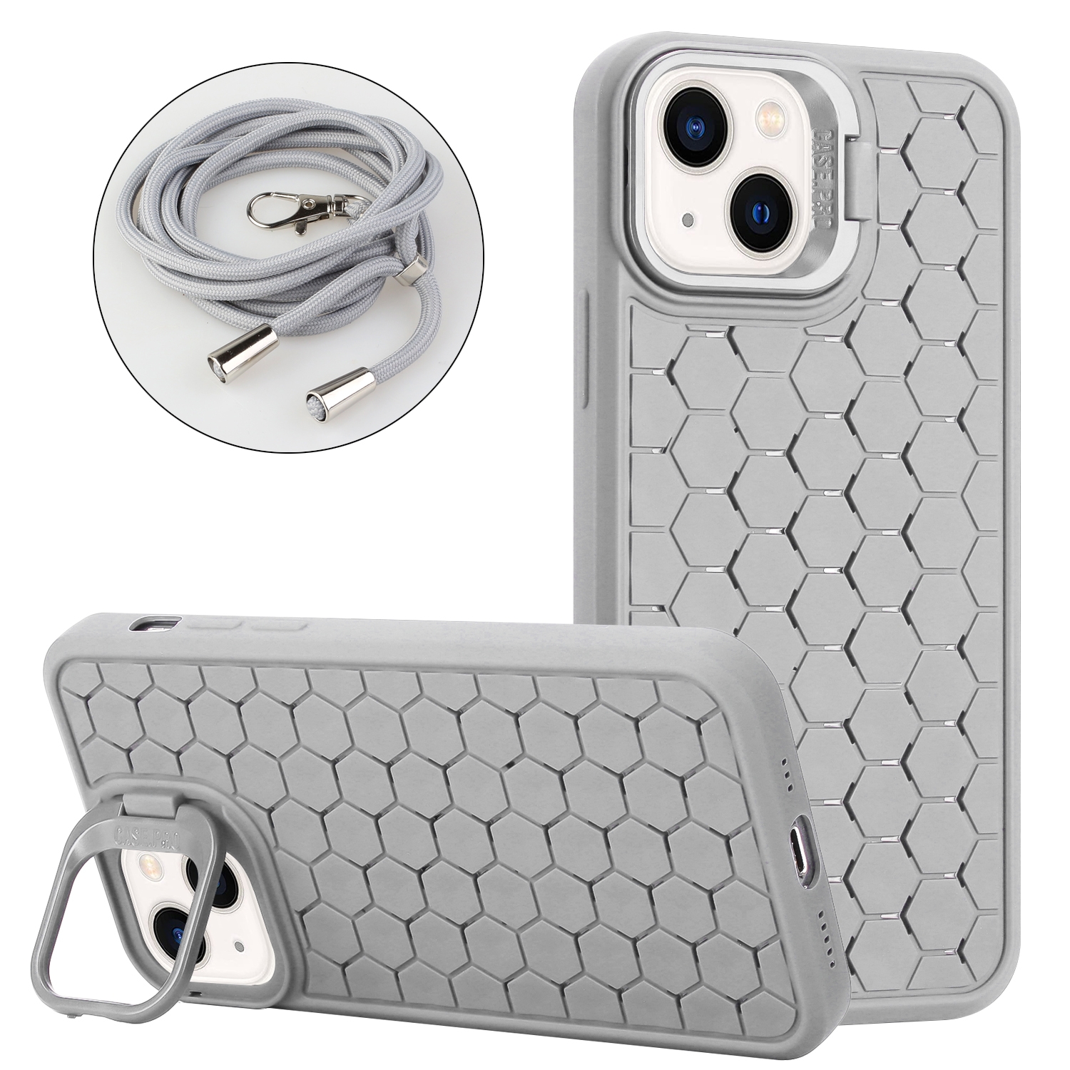 For iPhone 15 Honeycomb Radiating Lens Holder Magsafe Phone Case with Lanyard(Grey) - Shopkiz.com
