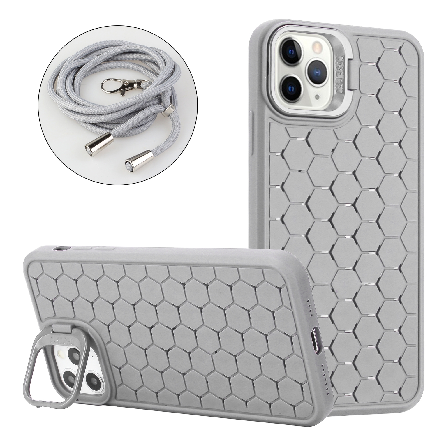 For iPhone 13 Pro Max Honeycomb Radiating Lens Holder Magsafe Phone Case with Lanyard(Grey) - Shopkiz.com