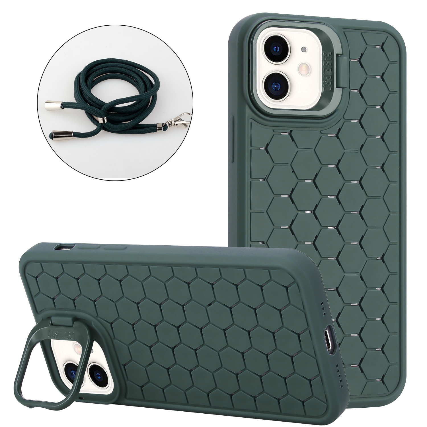 For iPhone 12 Honeycomb Radiating Lens Holder Magsafe Phone Case with Lanyard(Green) - Shopkiz.com