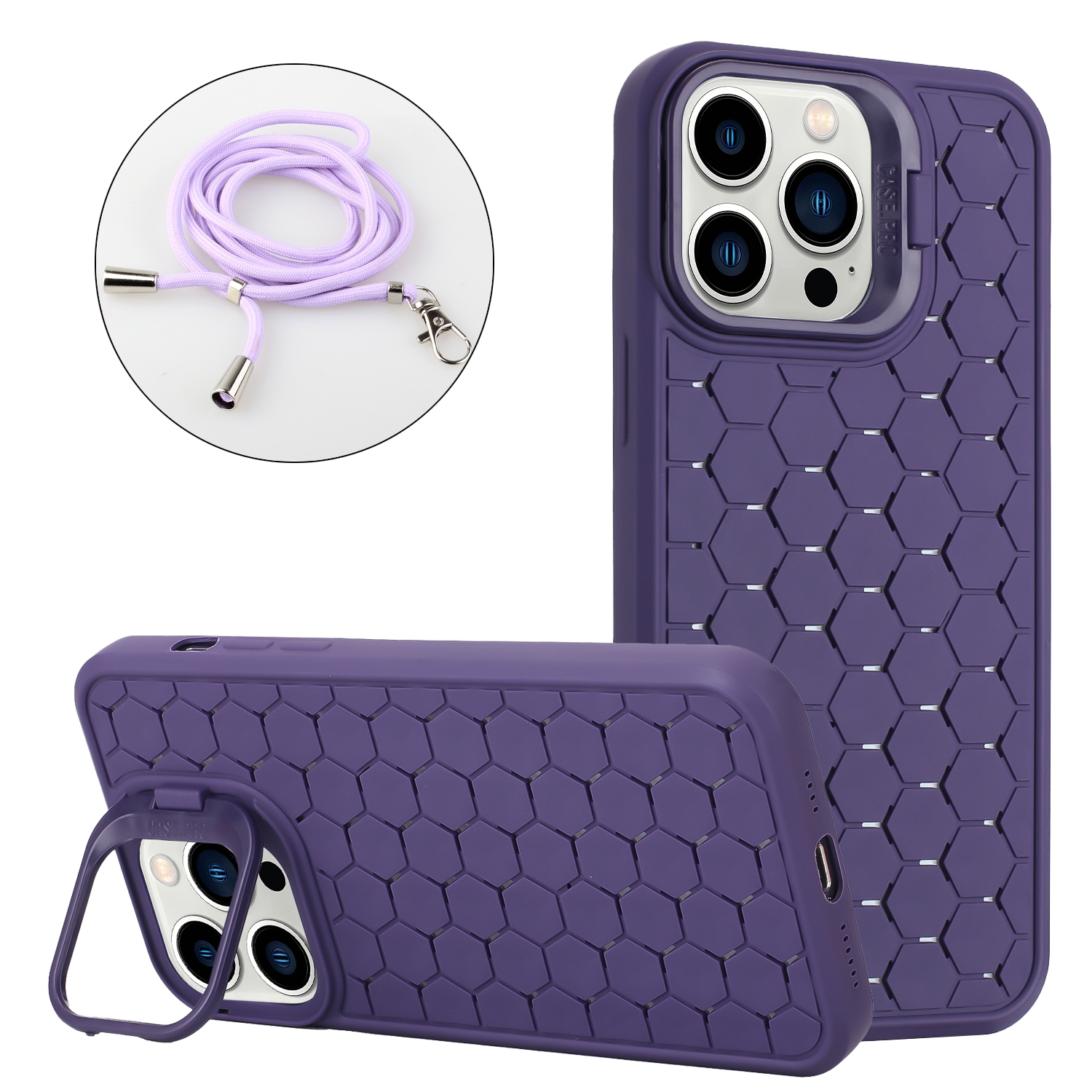 For iPhone 12 Pro Max Honeycomb Radiating Lens Holder Magsafe Phone Case with Lanyard(Purple) - Shopkiz.com