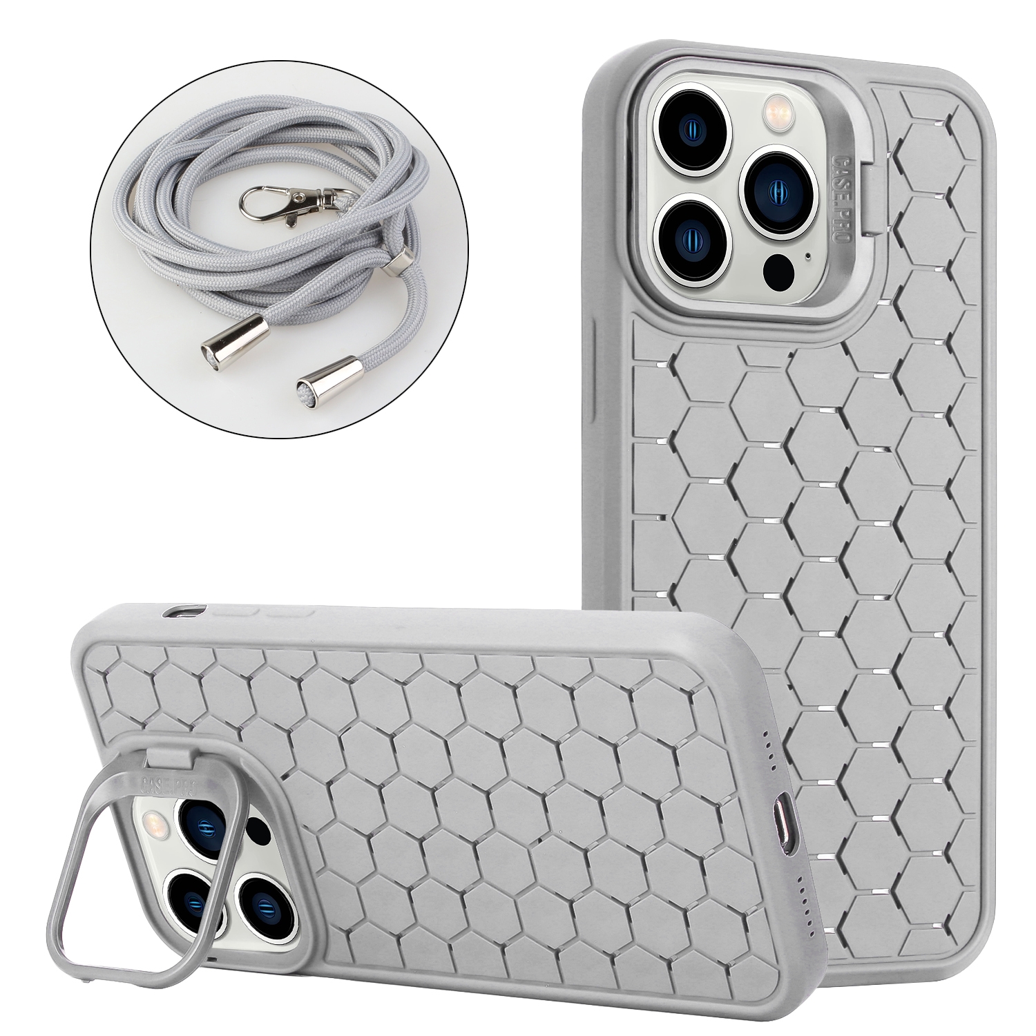 For iPhone 12 Pro Max Honeycomb Radiating Lens Holder Magsafe Phone Case with Lanyard(Grey) - Shopkiz.com