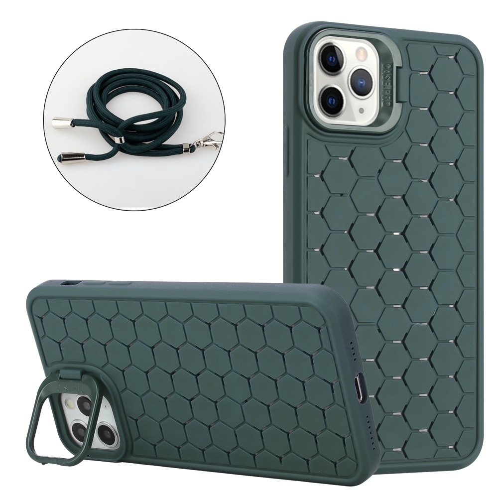 For iPhone 16 Pro Honeycomb Radiating Lens Holder Magsafe Phone Case with Lanyard(Green) - Shopkiz.com