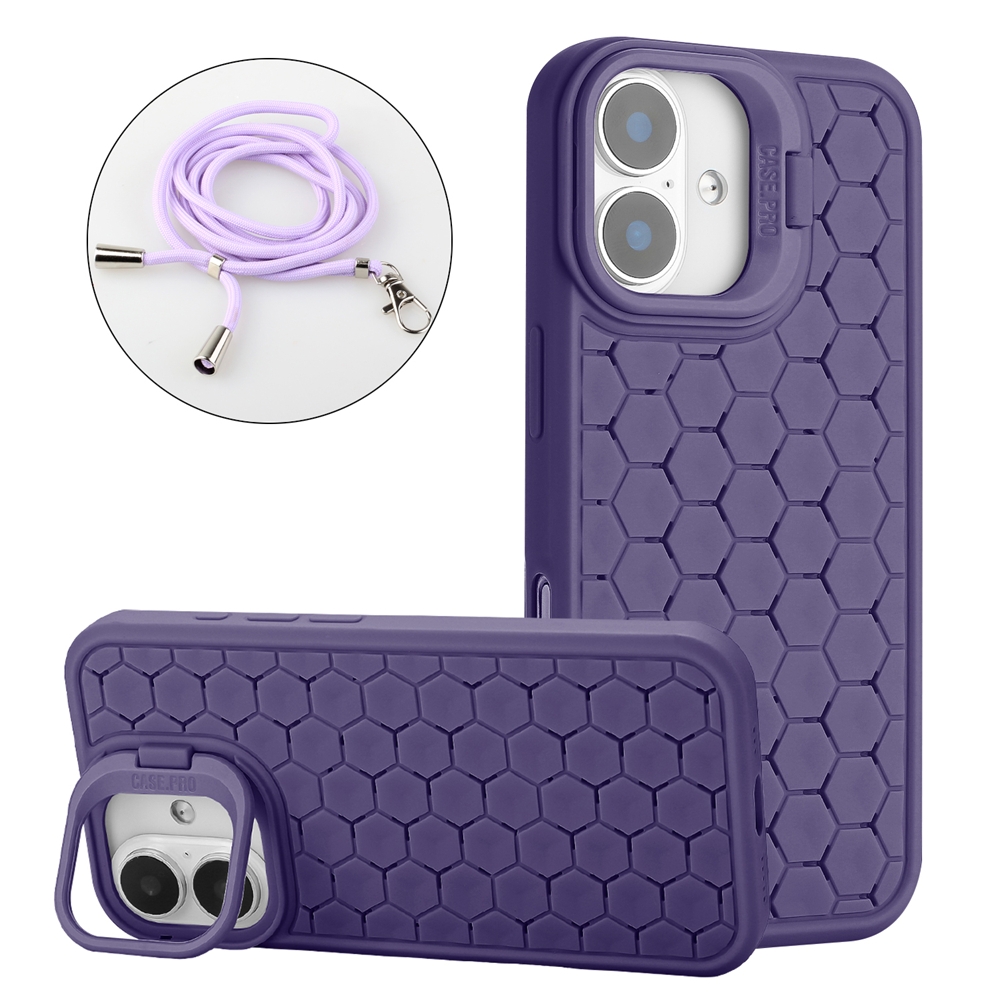 For iPhone 16 Plus Honeycomb Radiating Lens Holder Magsafe Phone Case with Lanyard(Purple) - Shopkiz.com