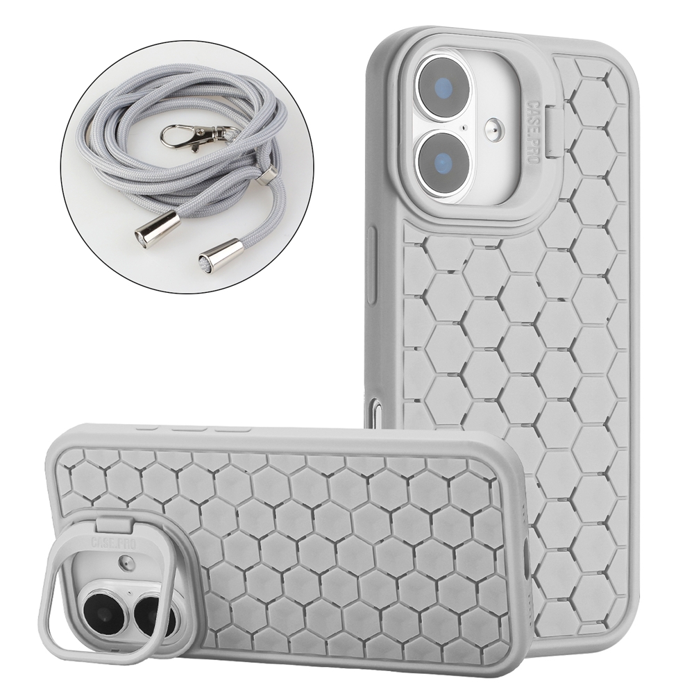 For iPhone 16 Honeycomb Radiating Lens Holder Magsafe Phone Case with Lanyard(Grey) - Shopkiz.com