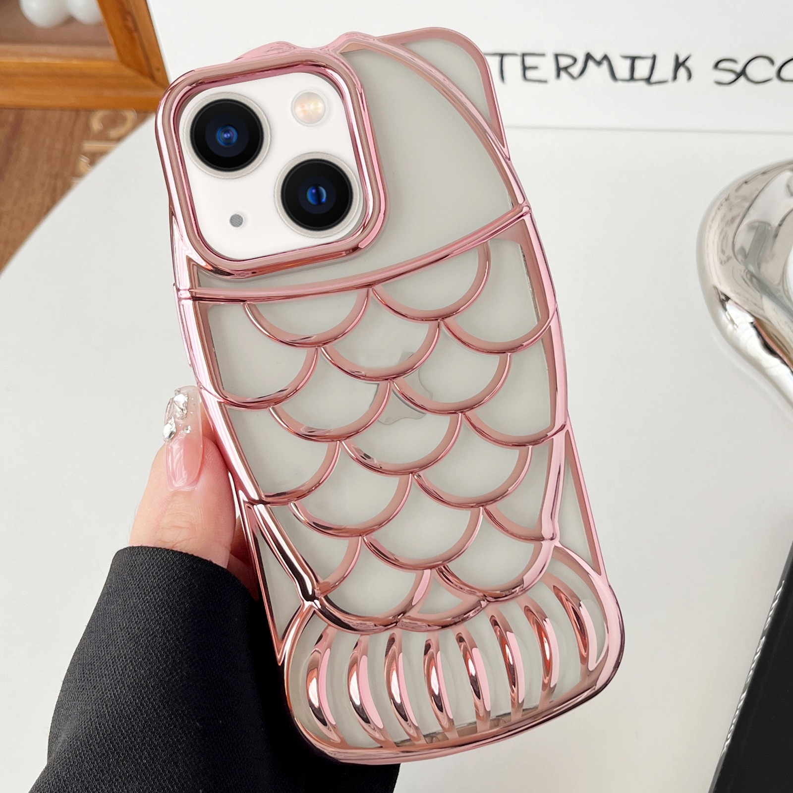 For iPhone 14 Mermaid Shape Embossed Electroplated TPU Phone Case(Rose Gold) - Shopkiz.com