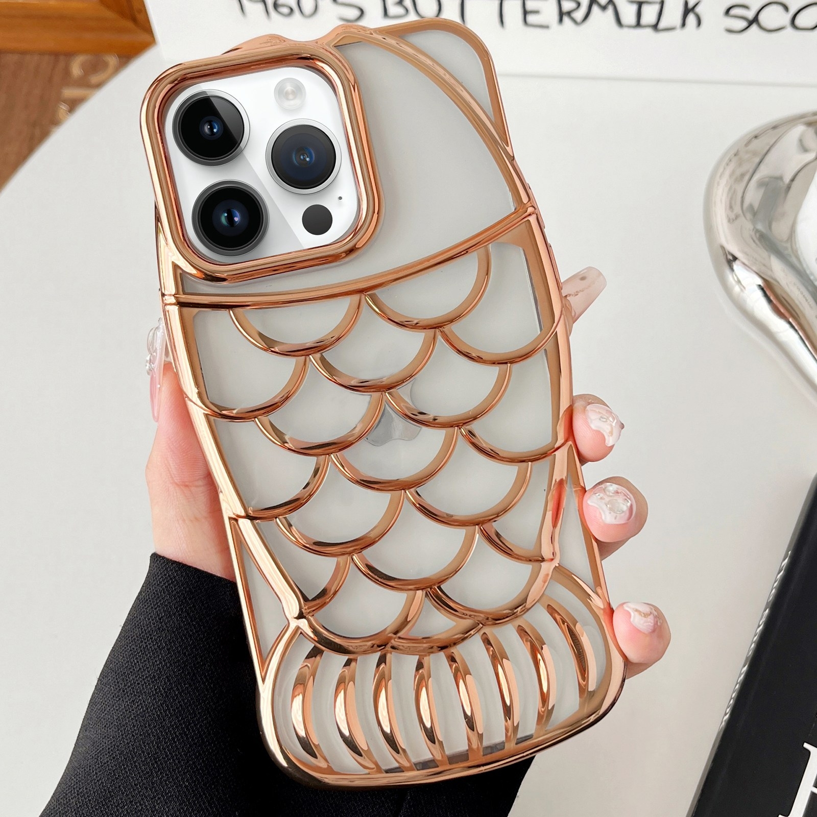 For iPhone 14 Pro Max Mermaid Shape Embossed Electroplated TPU Phone Case(Gold) - Shopkiz.com