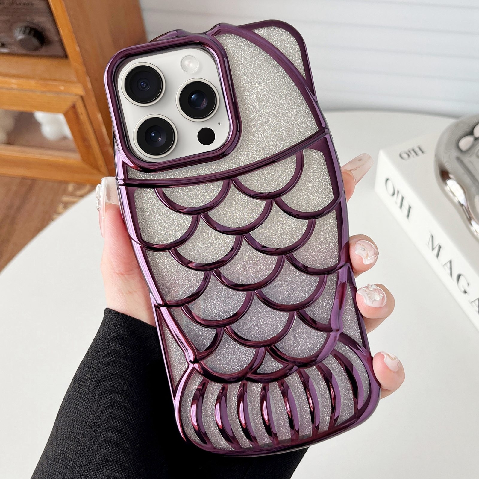 For iPhone 15 Pro Max Mermaid Shape Glitter Paper Embossed Electroplated TPU Phone Case(Dark Purple) - Shopkiz.com