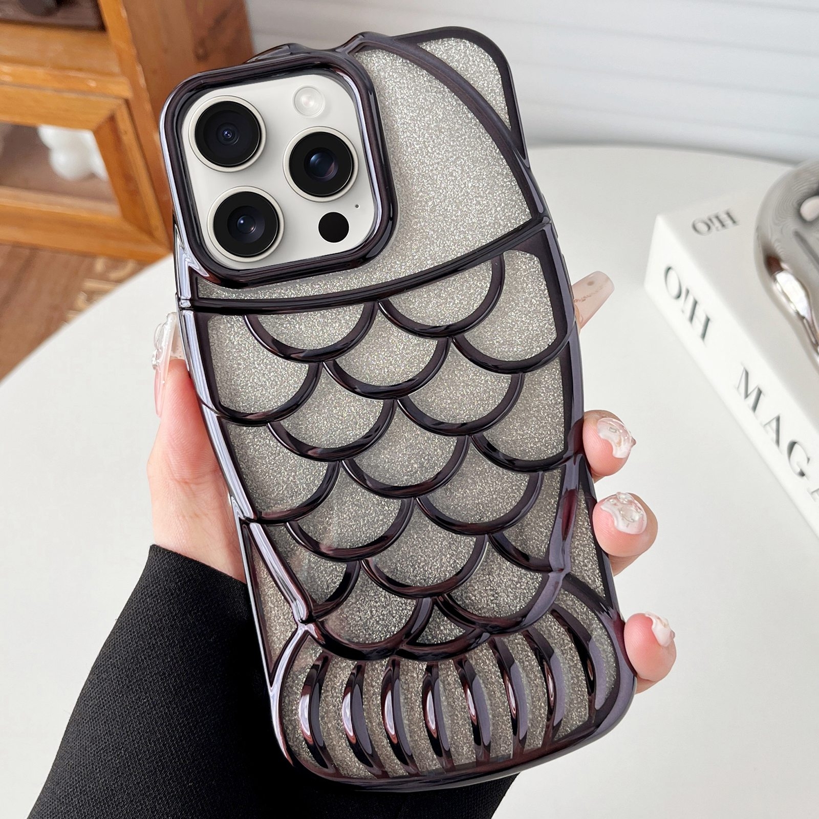 For iPhone 15 Pro Max Mermaid Shape Glitter Paper Embossed Electroplated TPU Phone Case(Black) - Shopkiz.com
