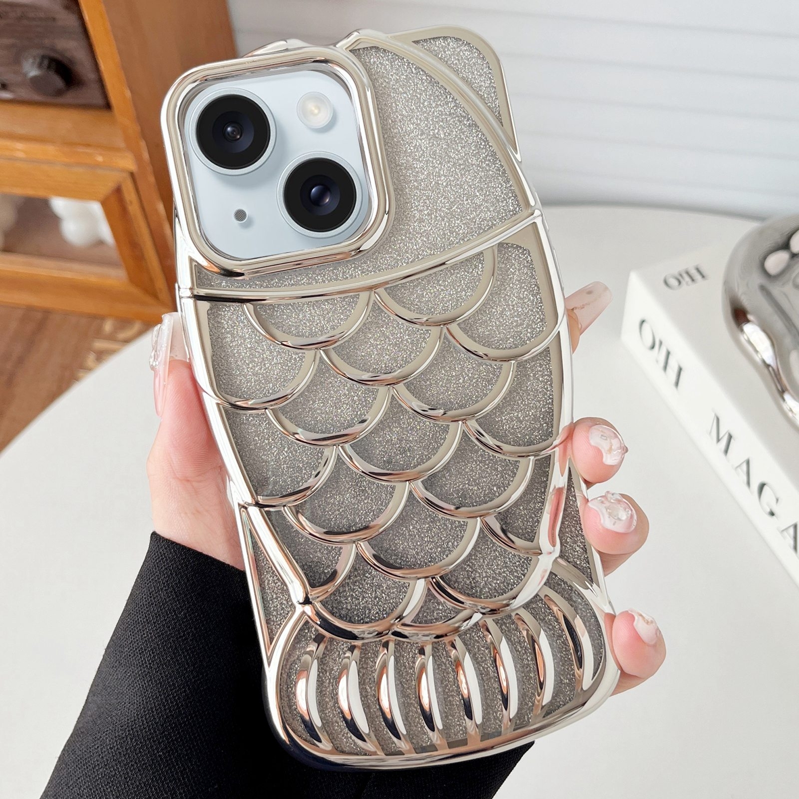 For iPhone 15 Mermaid Shape Glitter Paper Embossed Electroplated TPU Phone Case(Silver) - Shopkiz.com