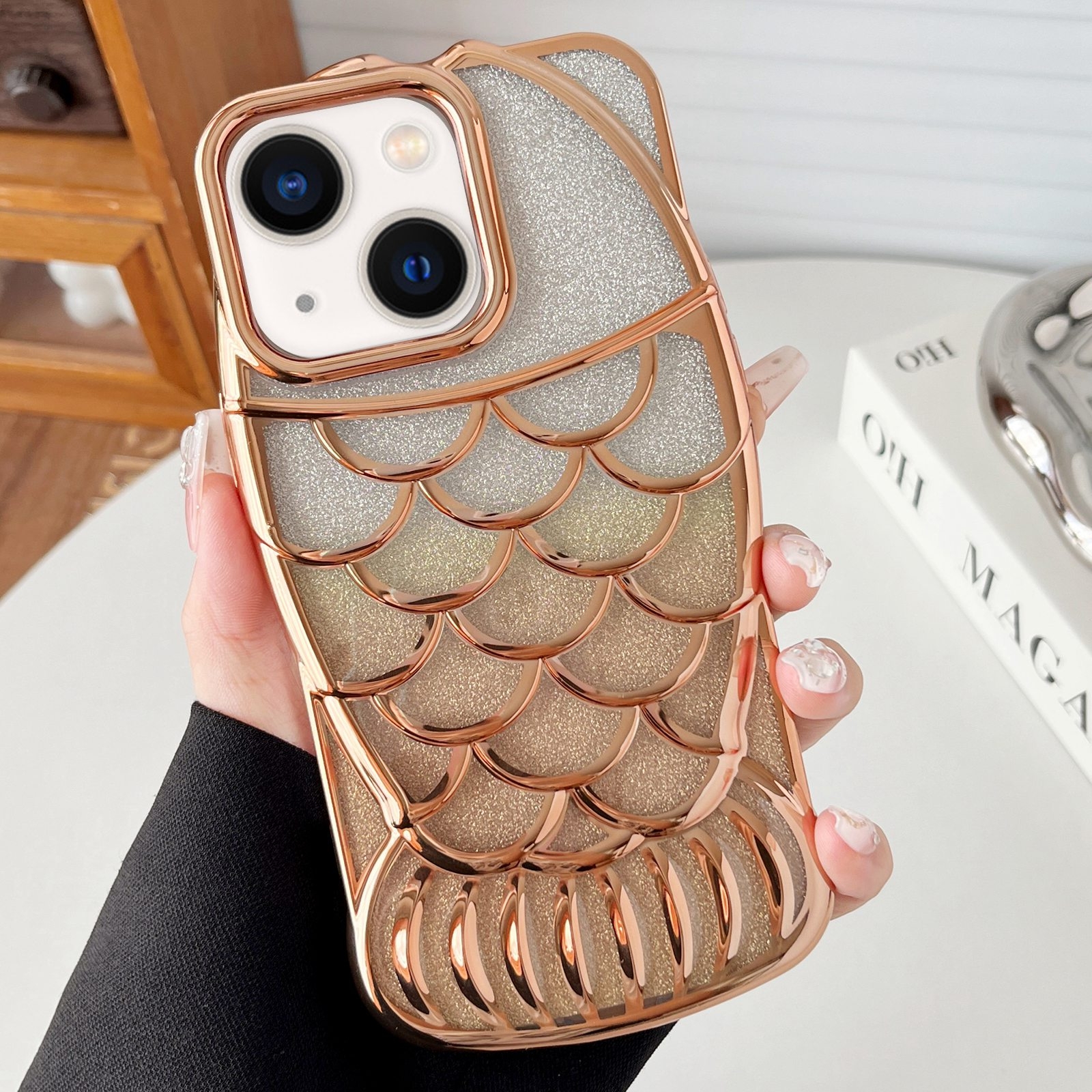 For iPhone 14 Mermaid Shape Glitter Paper Embossed Electroplated TPU Phone Case(Gold) - Shopkiz.com