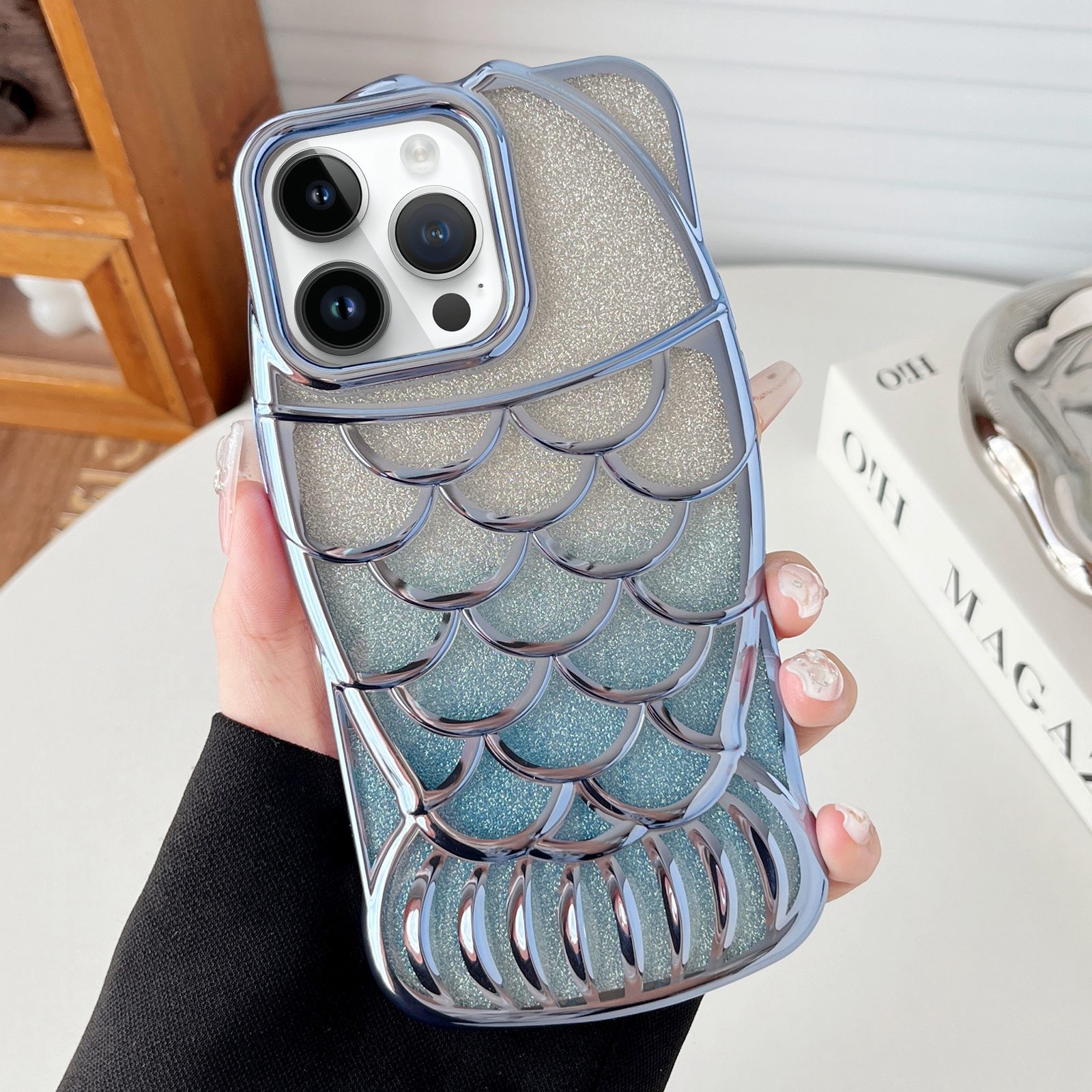 For iPhone 14 Pro Mermaid Shape Glitter Paper Embossed Electroplated TPU Phone Case(Blue) - Shopkiz.com