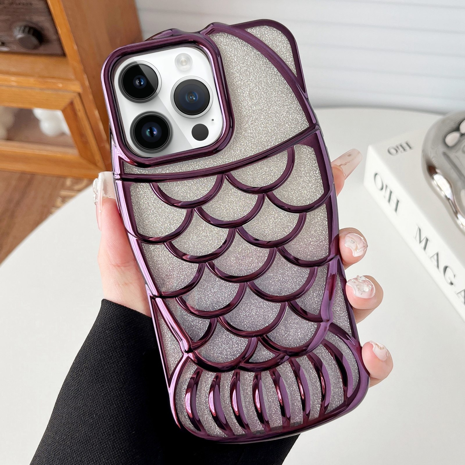 For iPhone 14 Pro Max Mermaid Shape Glitter Paper Embossed Electroplated TPU Phone Case(Dark Purple) - Shopkiz.com