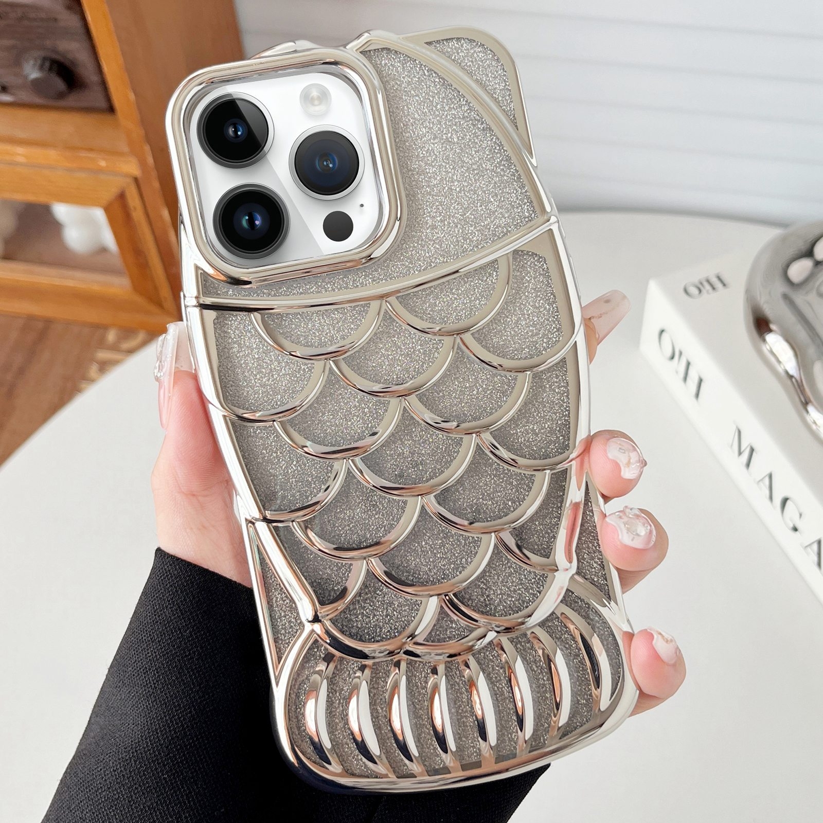 For iPhone 13 Pro Max Mermaid Shape Glitter Paper Embossed Electroplated TPU Phone Case(Silver) - Shopkiz.com