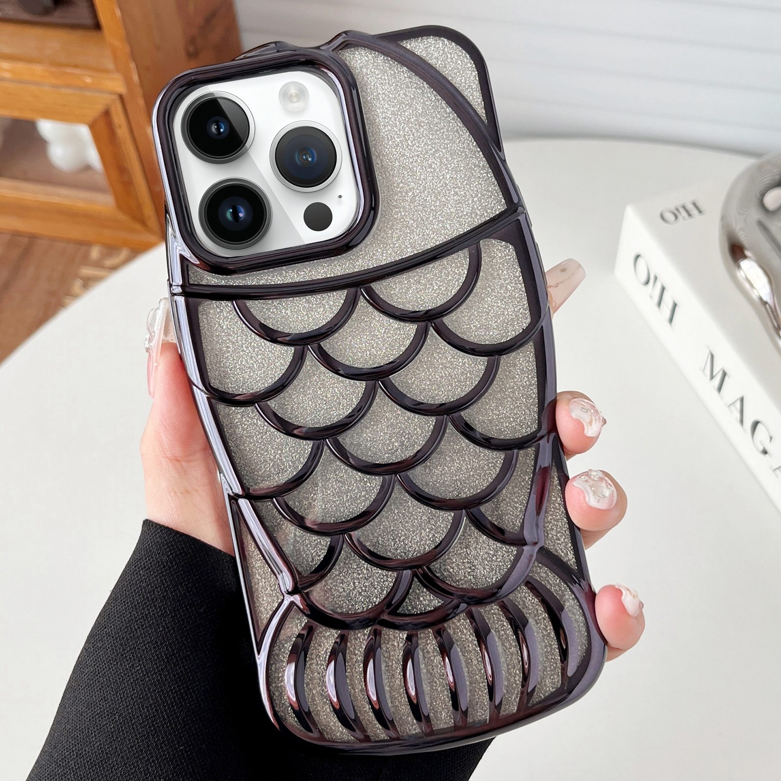 For iPhone 13 Pro Mermaid Shape Glitter Paper Embossed Electroplated TPU Phone Case(Black) - Shopkiz.com