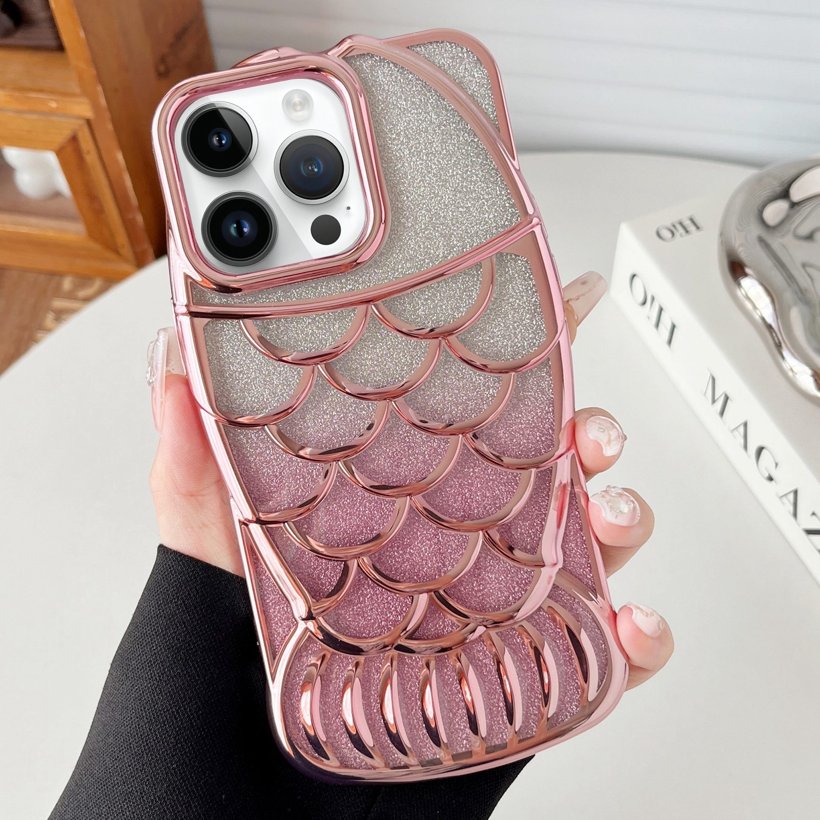 For iPhone 12 Pro Max Mermaid Shape Glitter Paper Embossed Electroplated TPU Phone Case(Rose Gold) - Shopkiz.com