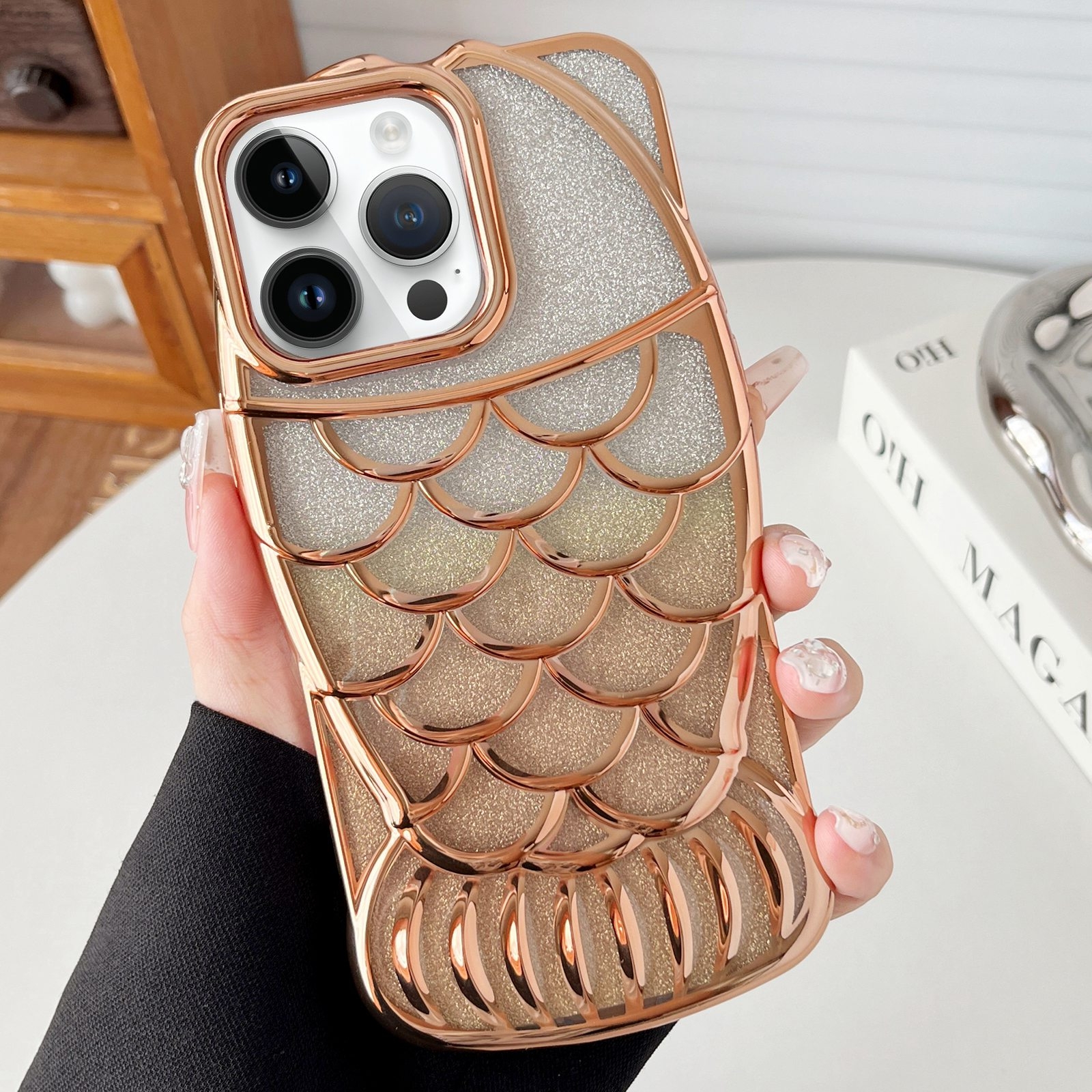 For iPhone 12 Pro Mermaid Shape Glitter Paper Embossed Electroplated TPU Phone Case(Gold) - Shopkiz.com