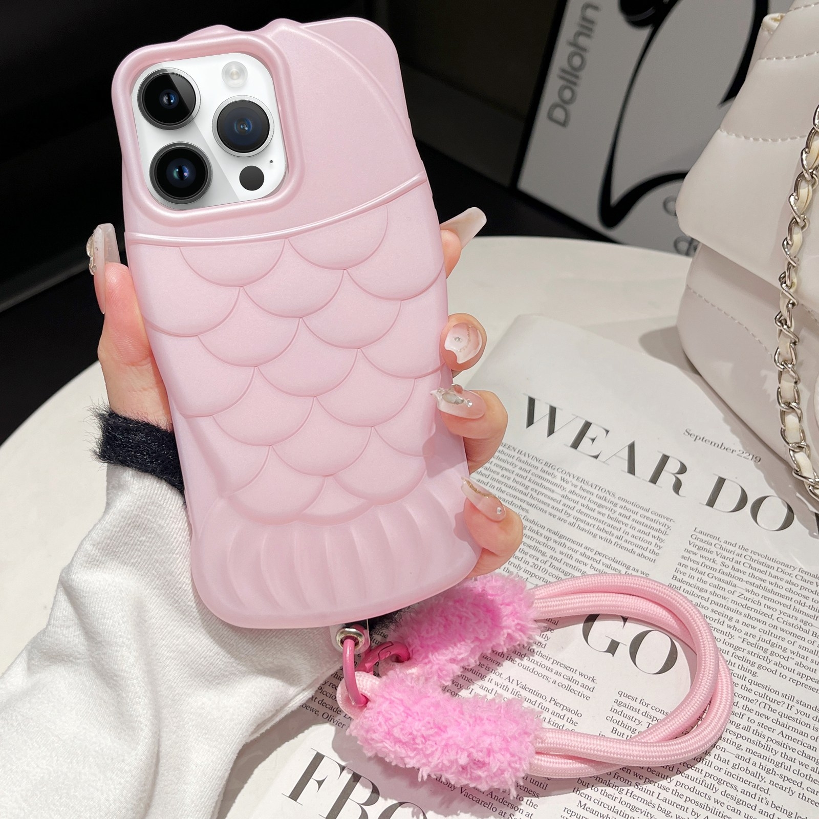 For iPhone 14 Pro Max Mermaid Embossed Oil Spray TPU Phone Case with Lanyard(Pink) - Shopkiz.com