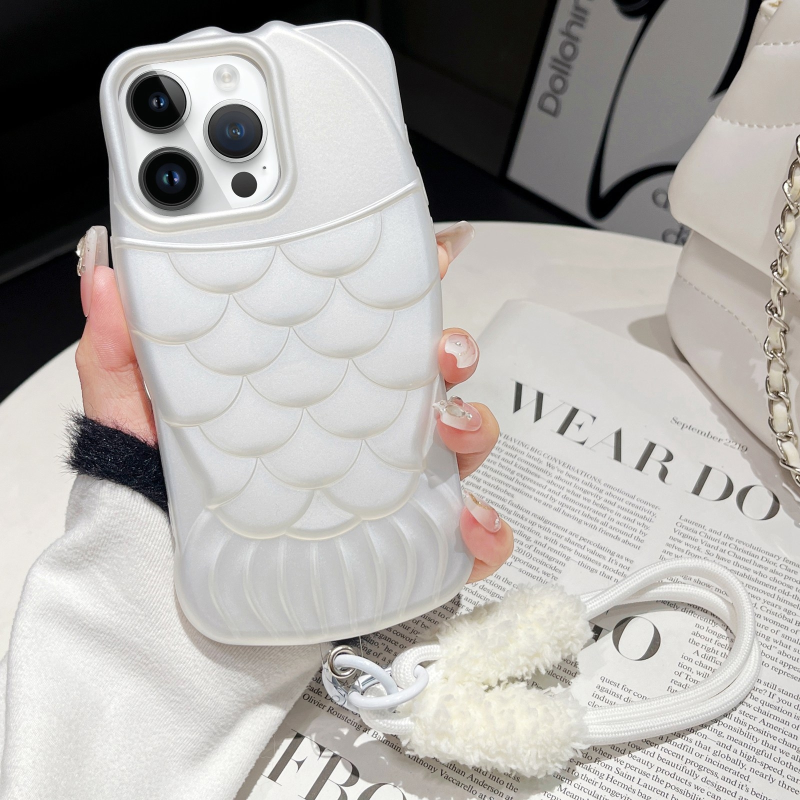 For iPhone 12 Pro Max Mermaid Embossed Oil Spray TPU Phone Case with Lanyard(White) - Shopkiz.com