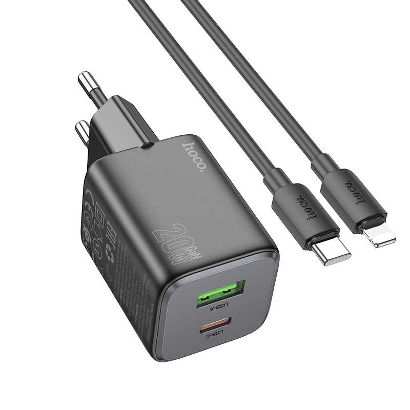 hoco N41 Almighty PD20W Type-C + QC3.0 USB Charger with Type-C to 8 Pin Cable, EU Plug(Black) - Shopkiz.com