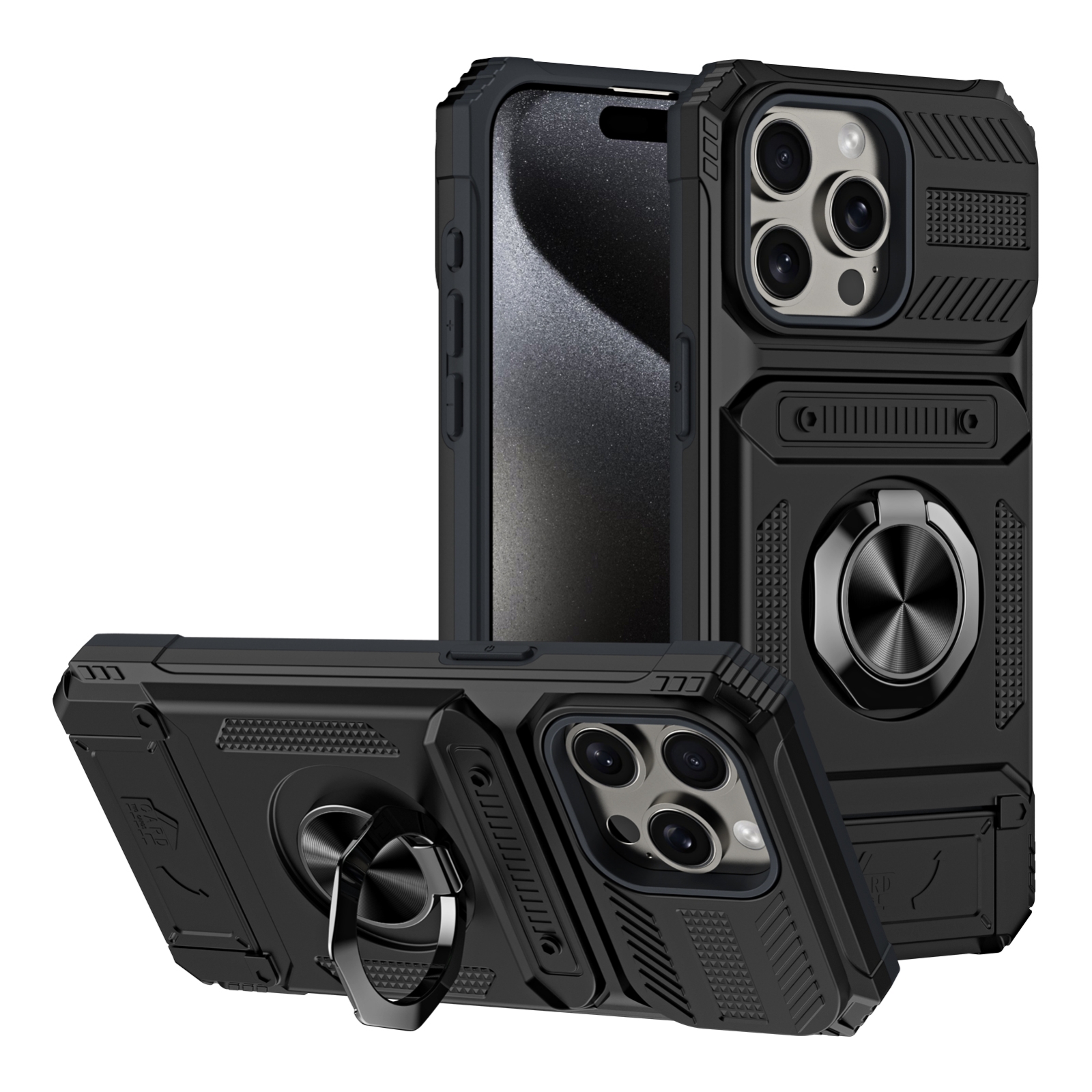 For iPhone 15 Pro Max TPU+PC Shockproof Card Phone Case with Metal Ring Holder(Black) - Shopkiz.com
