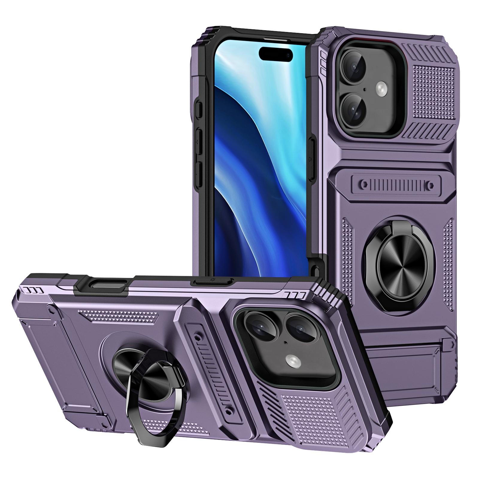 For iPhone 16 TPU+PC Shockproof Card Phone Case with Metal Ring Holder(Purple) - Shopkiz.com