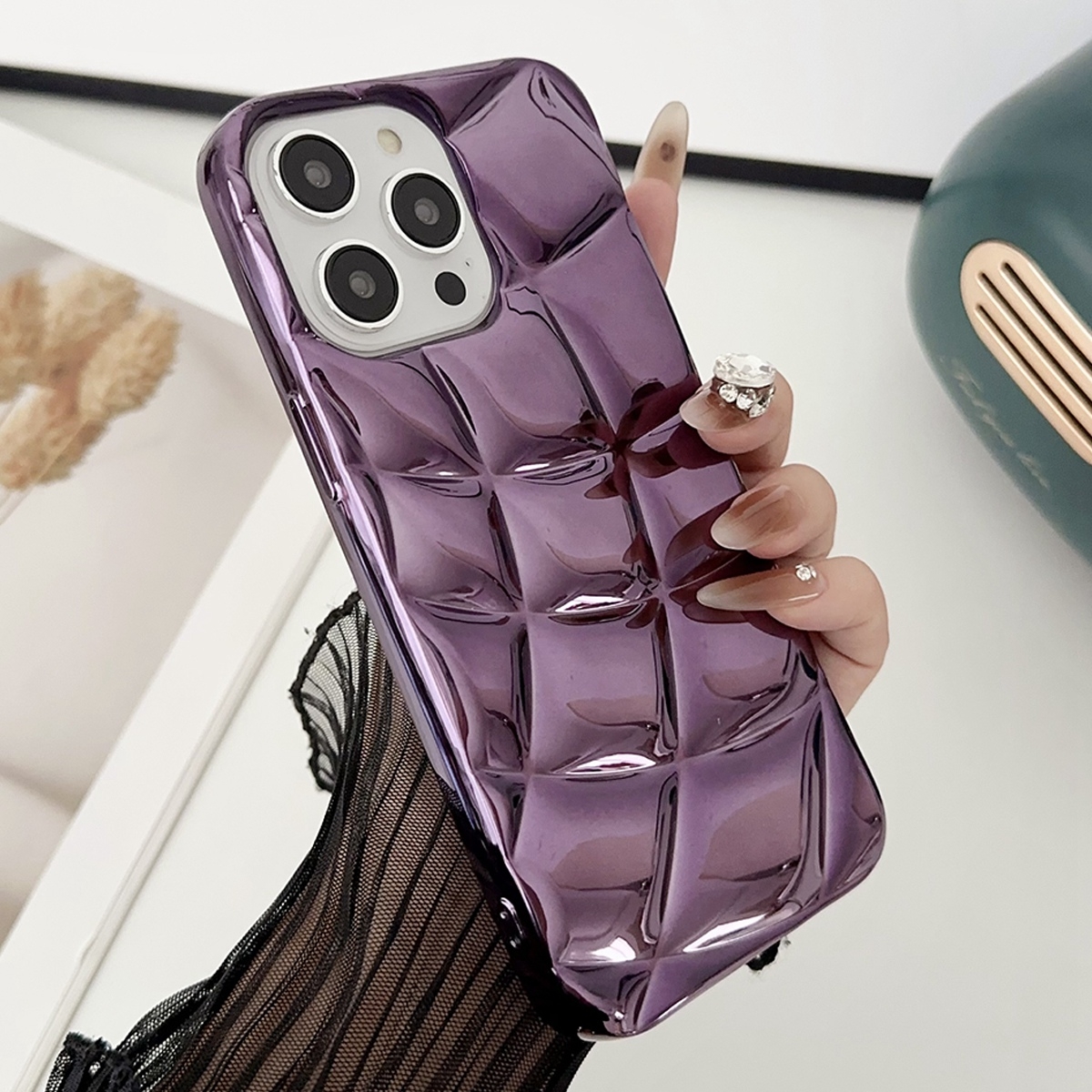 For iPhone 15 Pro Max Curved Plaid Plated Metallic Paint TPU Phone Case(Purple) - Shopkiz.com