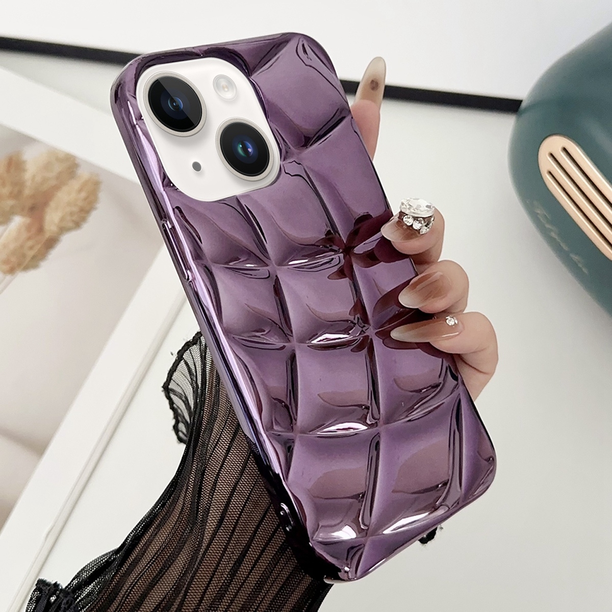 For iPhone 13 Curved Plaid Plated Metallic Paint TPU Phone Case(Purple) - Shopkiz.com