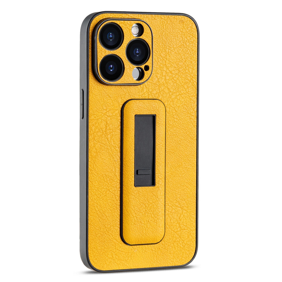 For iPhone 15 Pro PU Leather Push-pull Bracket Shockproof Phone Case(Yellow) - Shopkiz.com