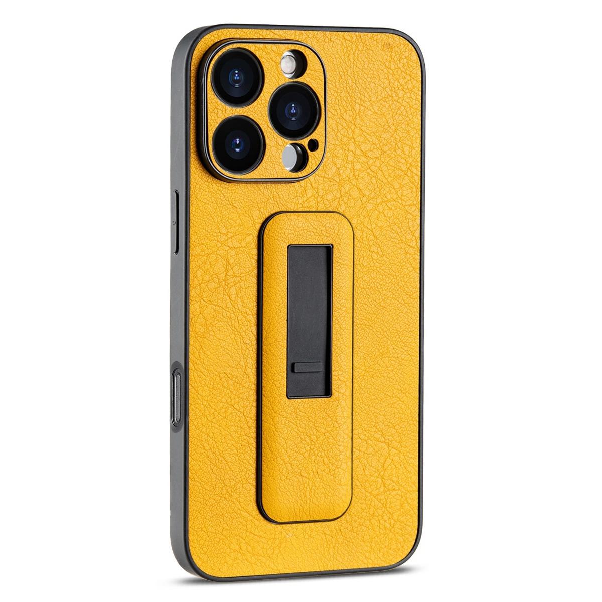 For iPhone 16 Pro PU Leather Push-pull Bracket Shockproof Phone Case(Yellow) - Shopkiz.com