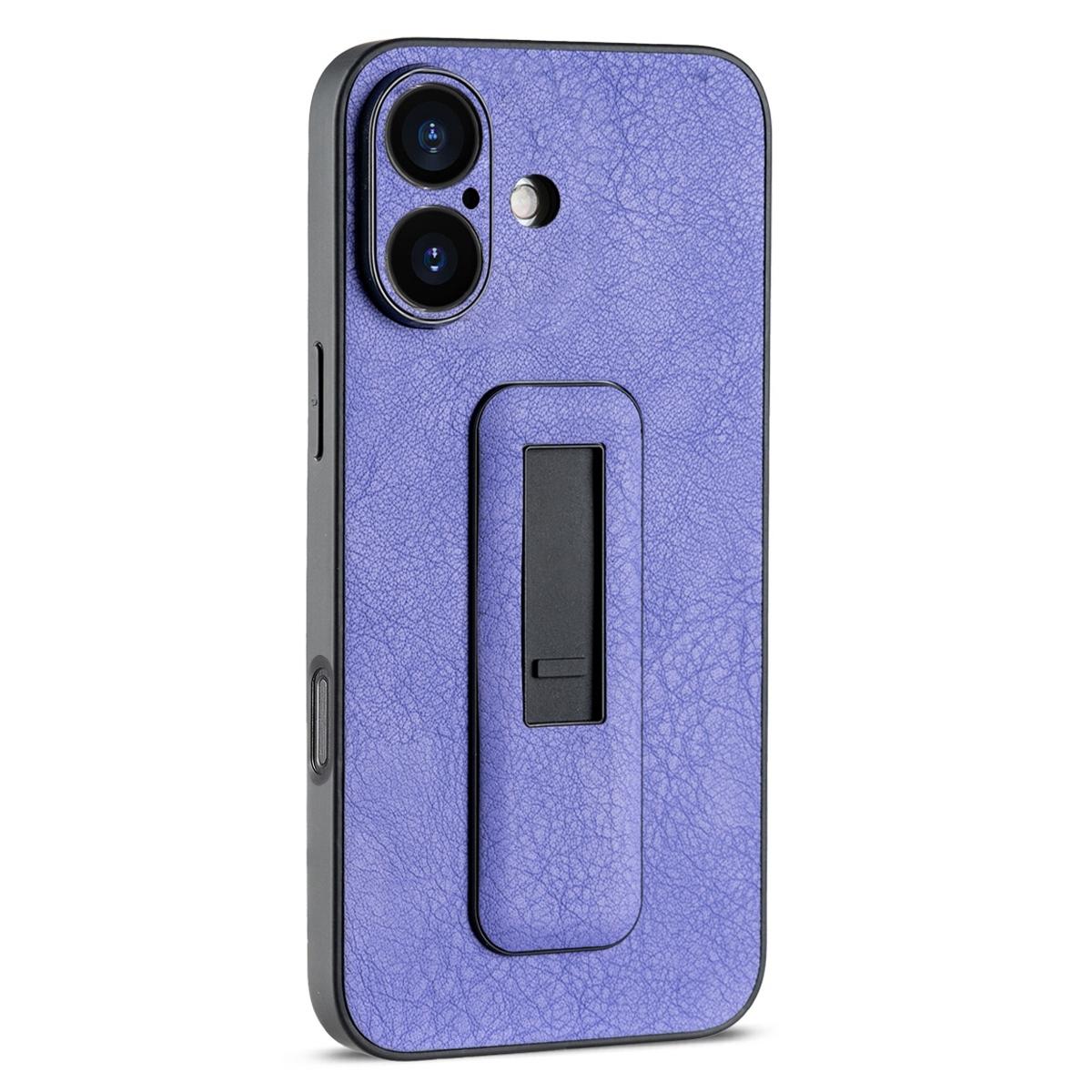 For iPhone 16 Plus PU Leather Push-pull Bracket Shockproof Phone Case(Purple) - Shopkiz.com
